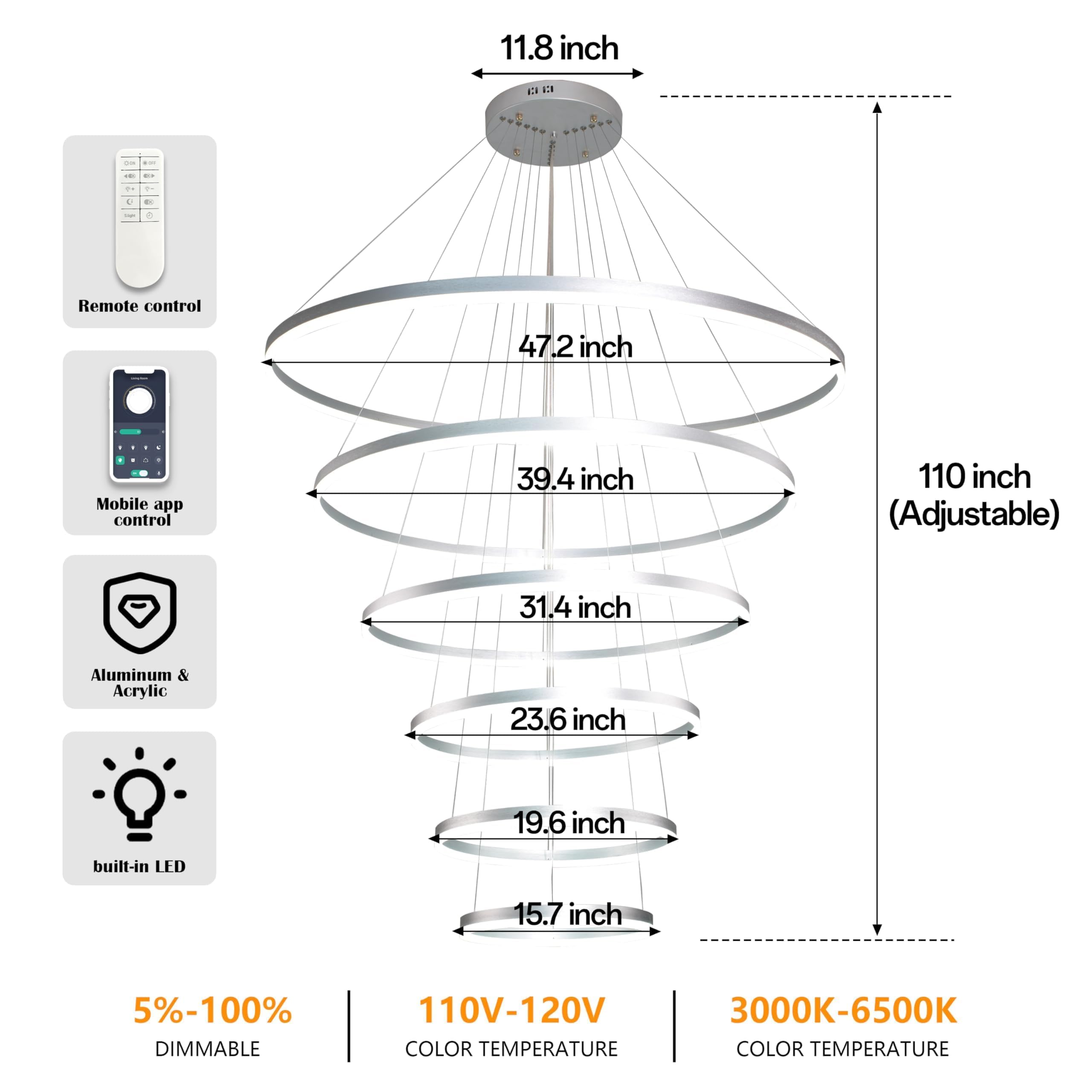 Mccokaige 6 Rings Pendant Lights 47.2'' Modern Height Adjustable Chandeliers Sliver Led Chandelier Dimmable Sliver Chandelier Le