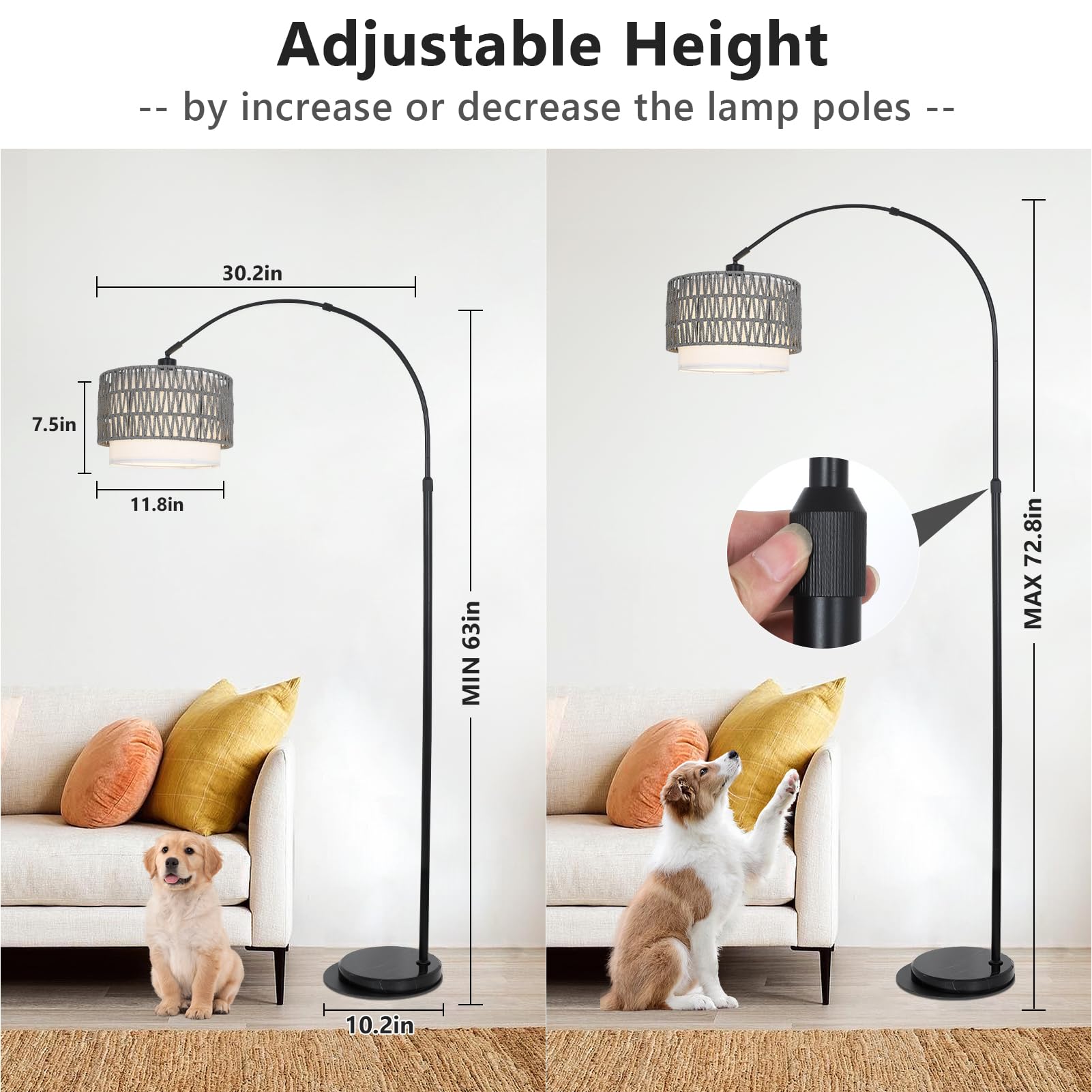 Boho Floor Lamps For Living Room, Arc Floor Lamp For Bedroom With Remote And Dimmable Bulb, Over Couch Standing Lamp, Farmhouse