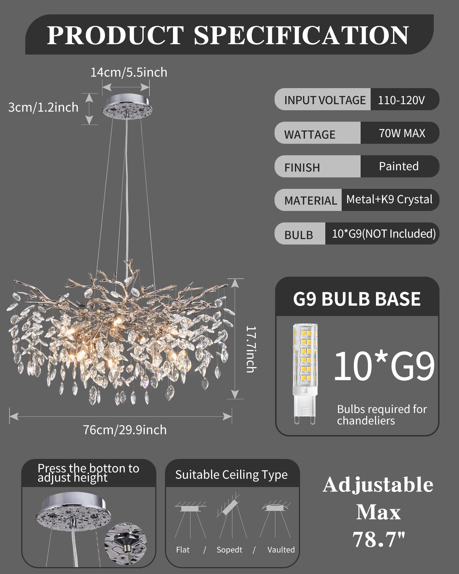 Modern Tree Branch Crystal Chandelier Luxury Silver Crystal Pendant Lighting 30'' Contemporary 10-Light Chandeliers For Dining R