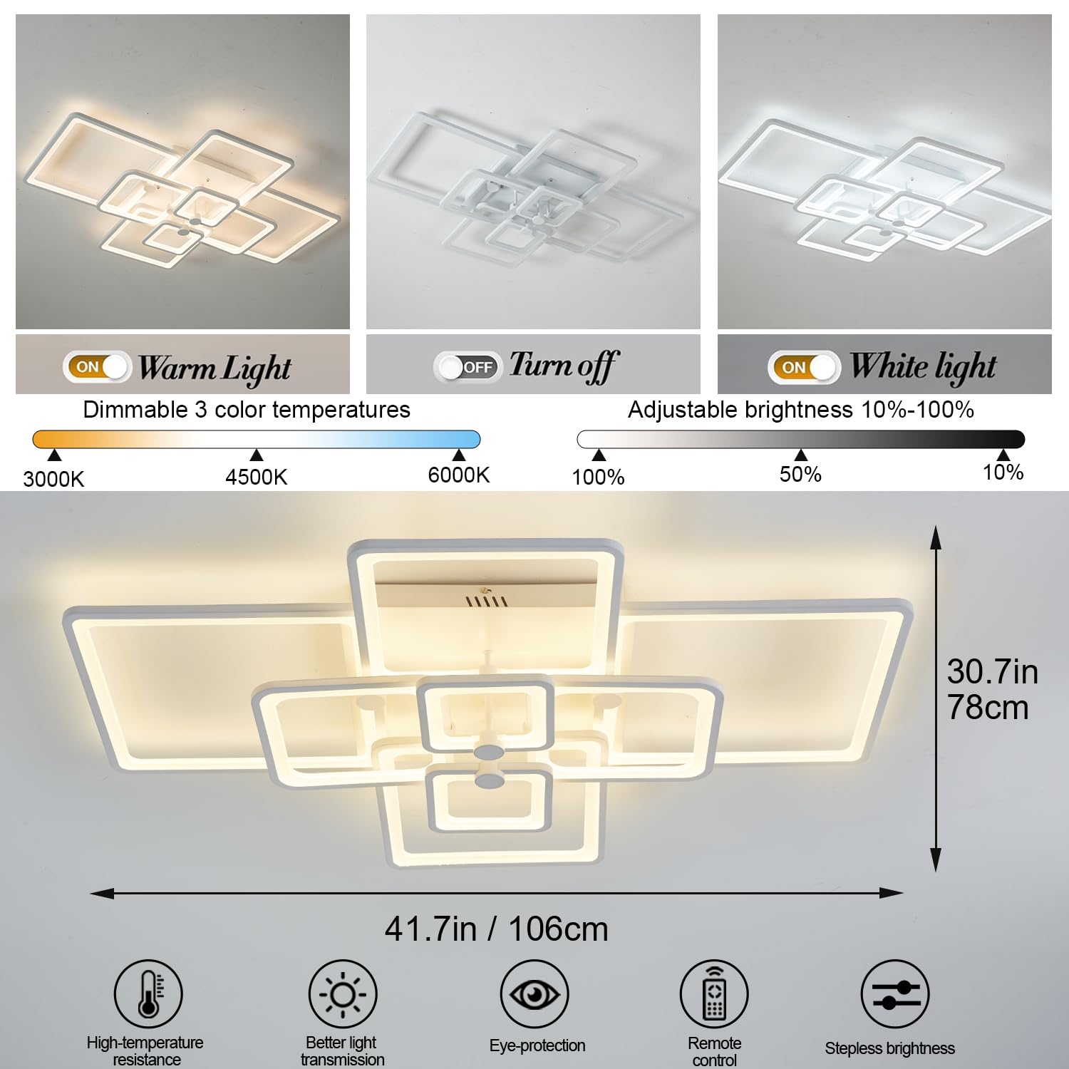 Modern Led Ceiling Light,41.7In White Modern Led Ceiling Light Dimmable For Living Room,8 Square Frame Acrylic With Remote Ceili