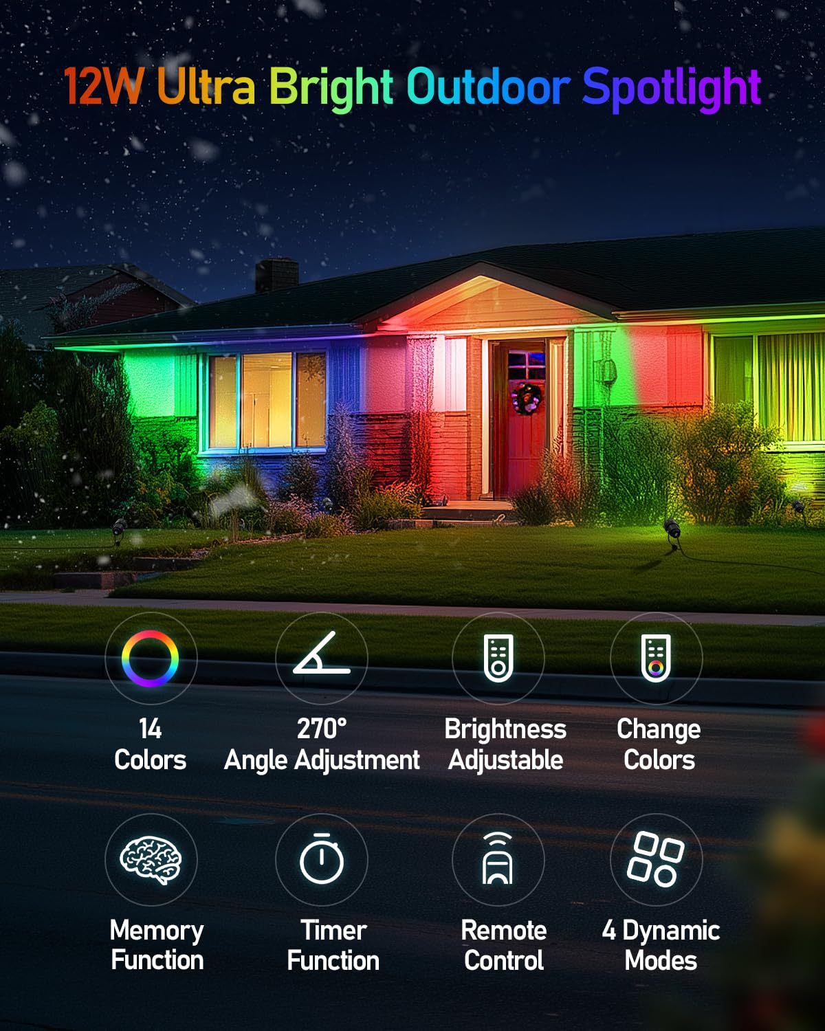 HIBOITEC 12W Outdoor Christmas Spotlight - Waterproof, Dimmable LED Light, Remote Plug Timer, Multicolor, 1 Pack, Model DCD-1002