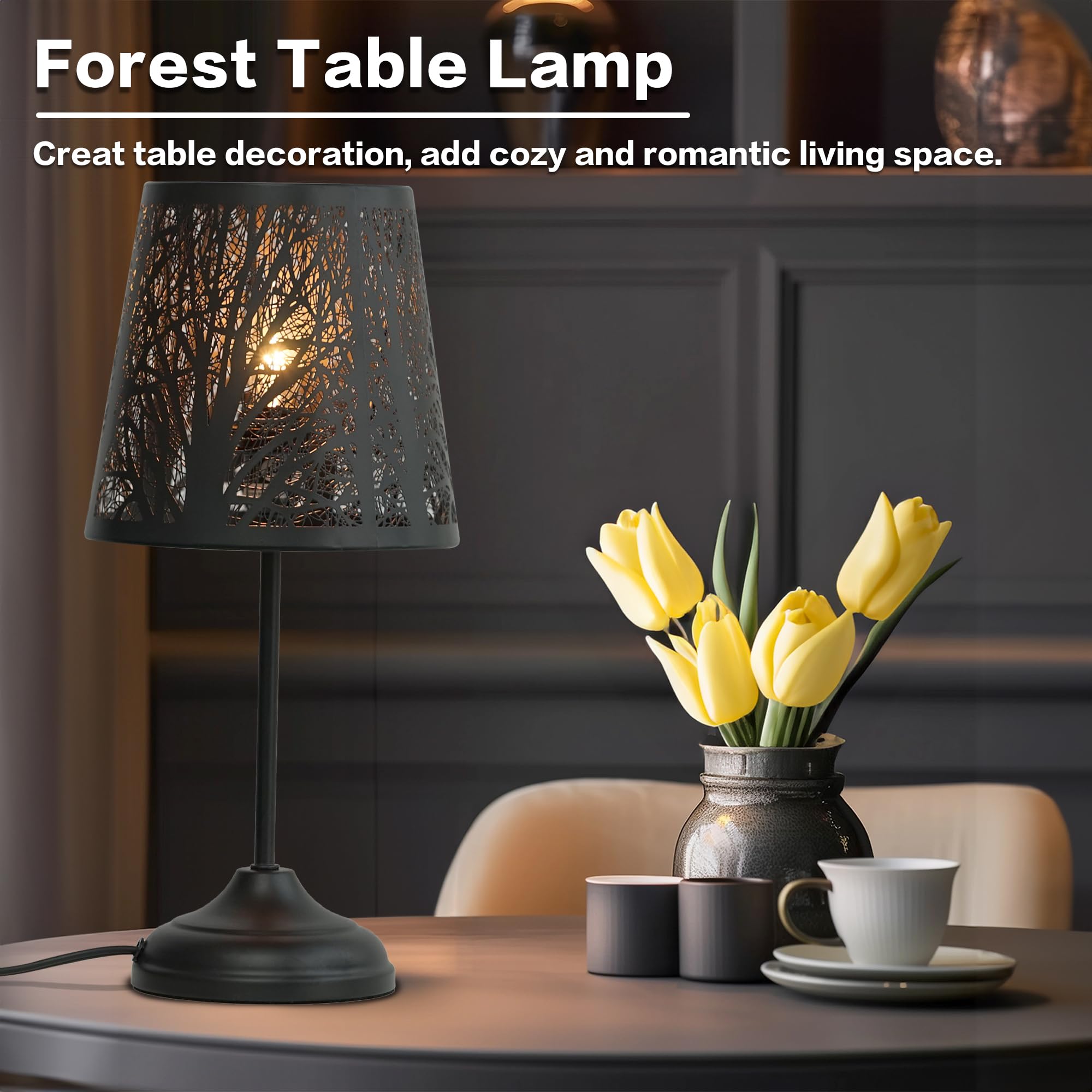 Zqqlite Touch Control Table Lamp, Led Lights Mini Lamps With Pattern Of Trees For Nightstand, 3-Levels Brightness, Lamp For Bedroom, Bedside Lamps, Desk Lamps For Home, Living Room, Office (Black)