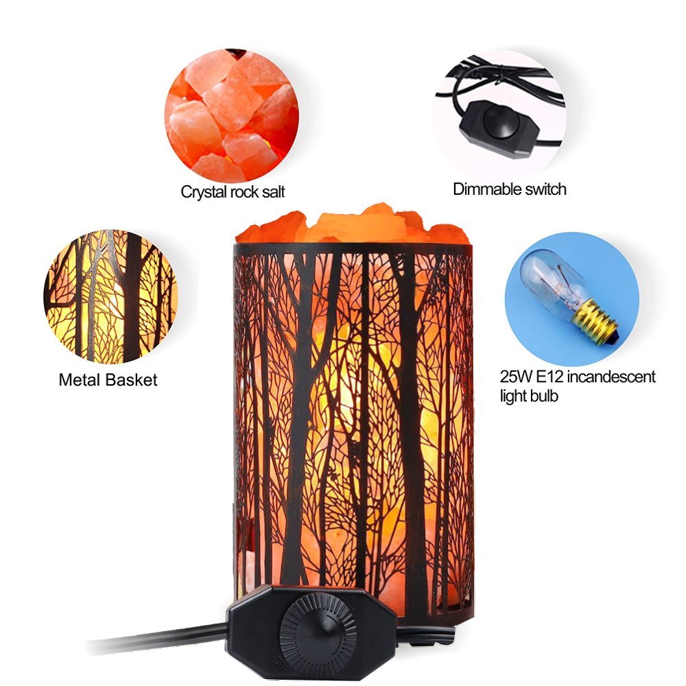 Shineled Himalayan Salt Lamp - Forest Design, Stainless Steel Basket, Dimmer Switch, 4.1x6.5 inches, Copper Yellow, 25W Bulb