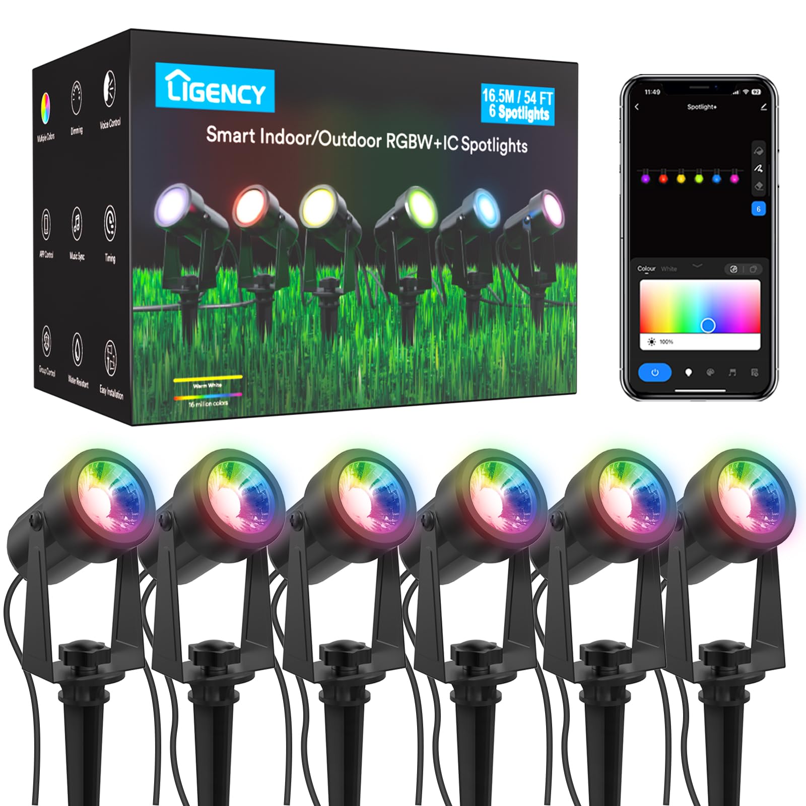 Ligency Smart Landscape Lights  Low Voltage Outdoor Spot Lights IP65 Waterproof Spotlights Compatible with APP/Voice/Alexa Control  RGBW Color Changing Spotlight for Yard Garden Patio Lawn  6 Pack