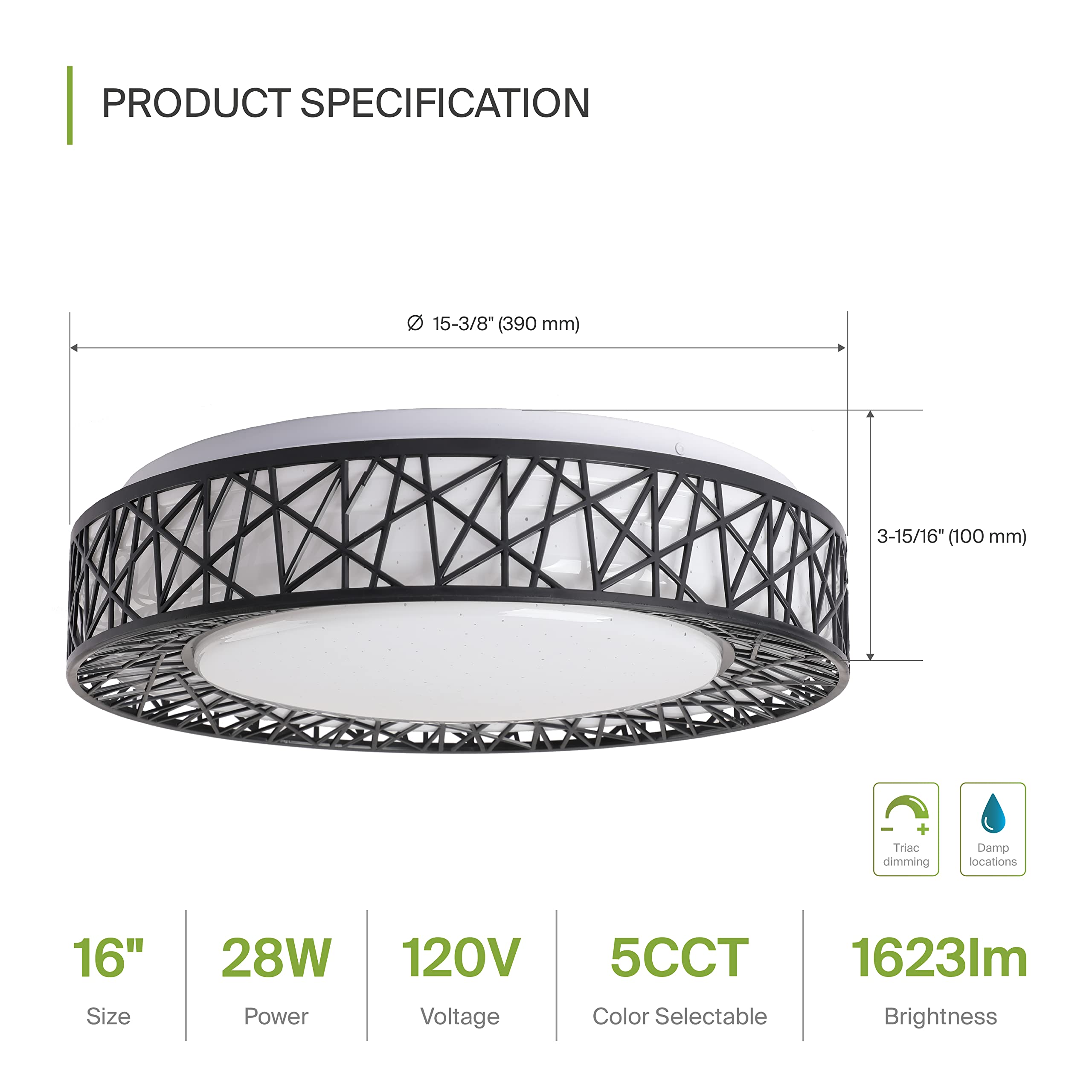 Asd 16 Inch Led Flush Mount Ceiling Light - Black Modern Ceiling Light Fixture 28W 1576Lm, 2700-5000K Adjustable Dimmable Ceilin