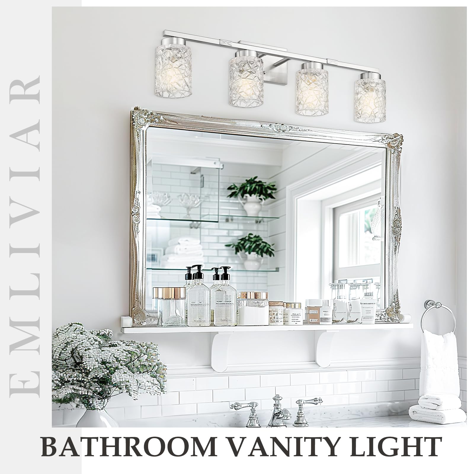 Emliviar 4-Light Sconce Wall Lighting, Brushed Nickel, Clear Geometric Glass, Model HE294B-4W BN