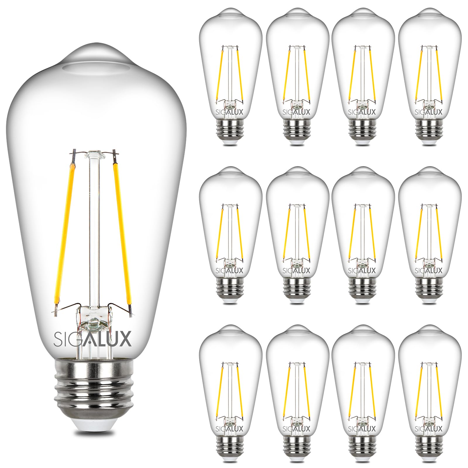 Sigalux Dimmable Edison Light Bulbs, 60W Equivalent, Soft White 2700K, Clear, 12 Count, Model 4256692700
