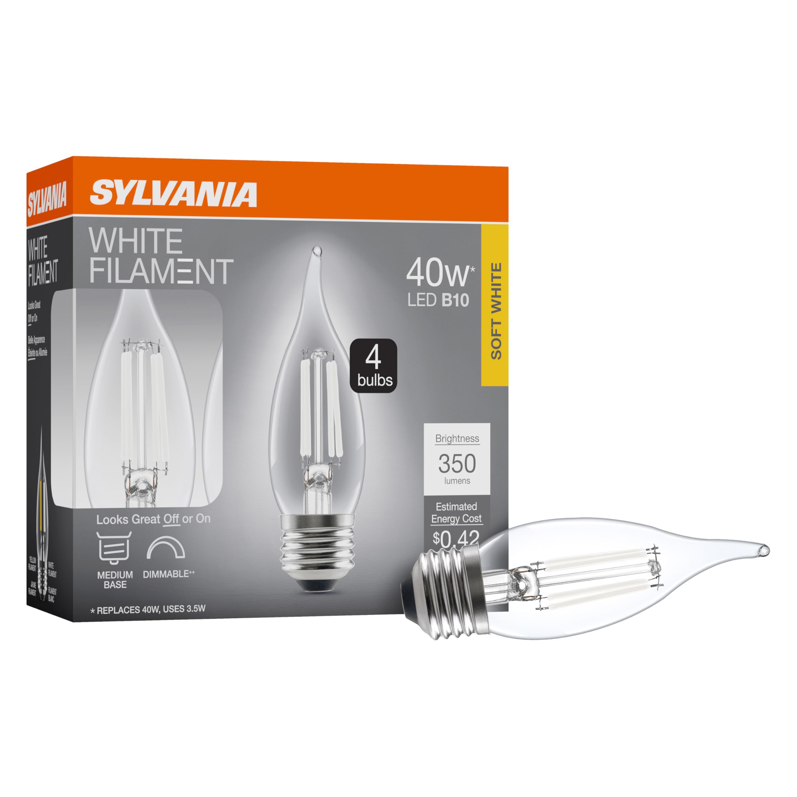 Sylvania B10 Clear Led White Filament Bulb, 3.5W, Dimmable, 350 Lms, Medium Base, 2700K, Soft White - 4 Pack (42258)