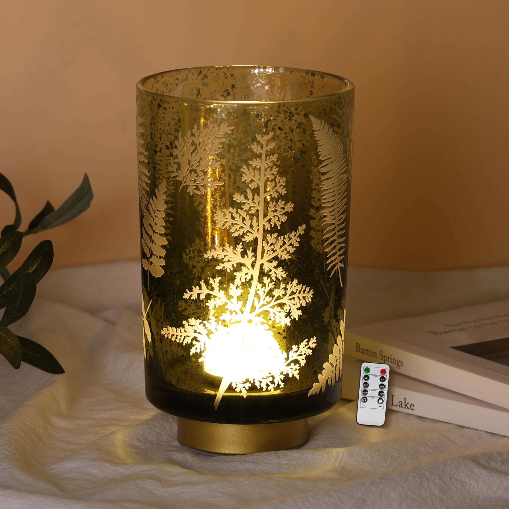 Eywamage Large Battery Operated Glass Table Lamp, Boho Green Ferns Leaves Mood Light with Remote, Cordless Bedside Accent Lamp R