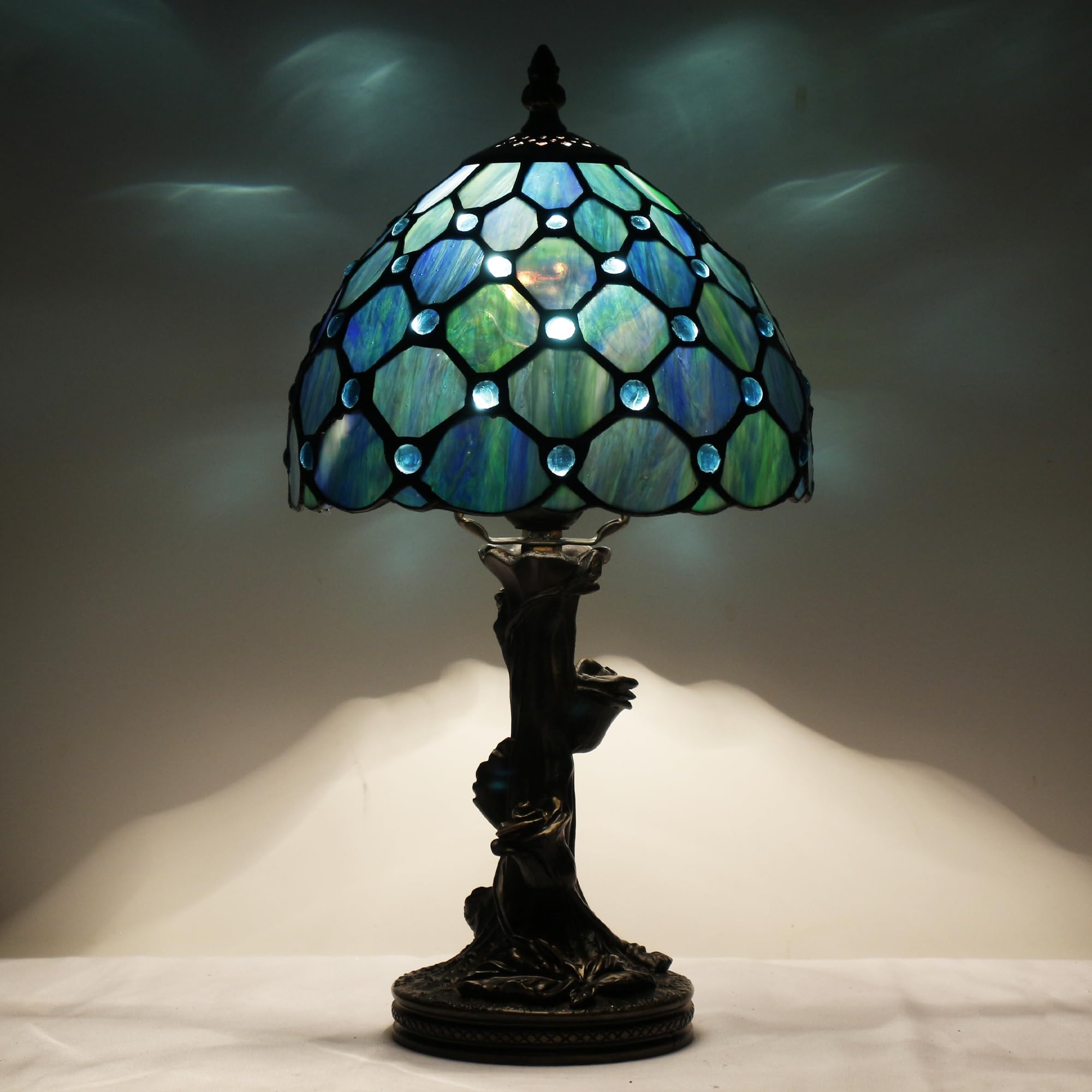 SYETL Small Tiffany Lamp Stained Glass Table Lamp Sea Blue Pearl Style Bedside Desk Light Mini Accent Desk Memory Lamp 8X15 Inch