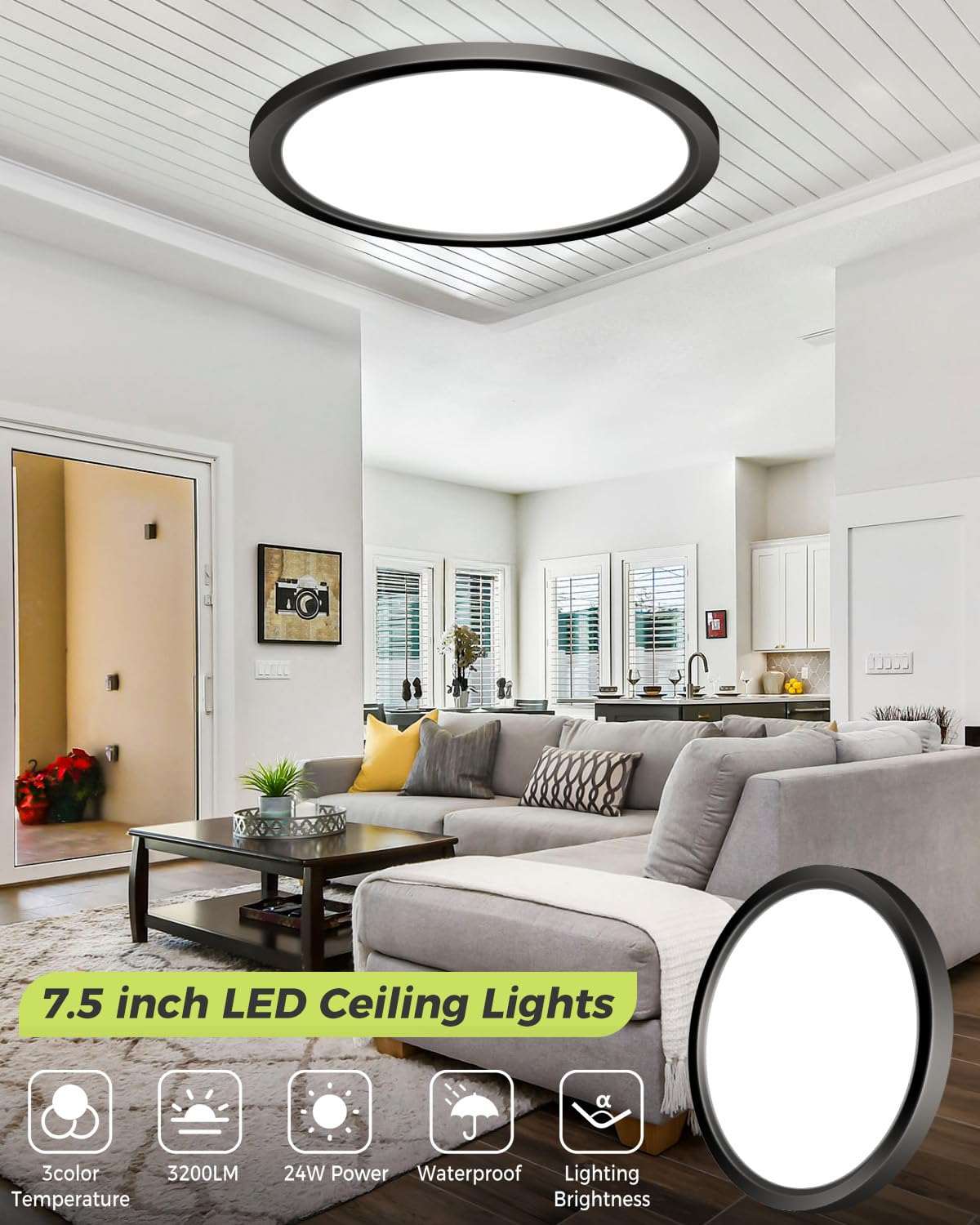 1Pack Led Flush Mount Ceiling Light - 3Cct Selectable 3000K-4000K-6500K & 100W Equivalent Modern Kitchen Recessed Ceiling Lamp 2