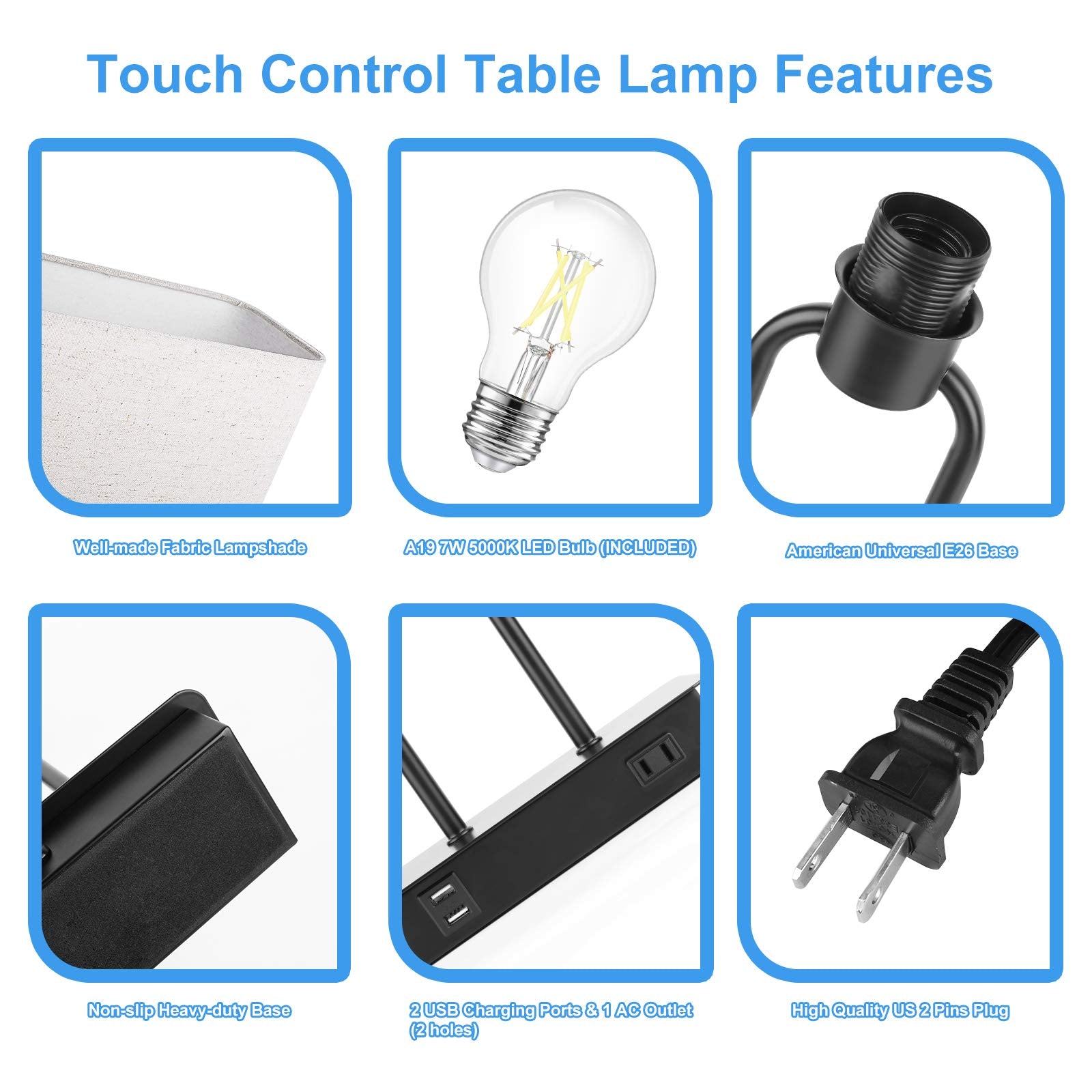 Lakumu Bedside Touch Control Lamp - 3 Way Dimmable, Dual USB Ports, Cream Fabric Shade, 1-Pack, Model T0313 BK+CL 50