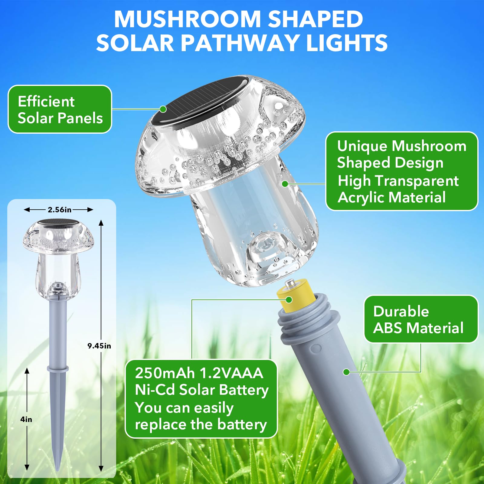 Benany Solar Powered LED Mushroom Lights, 16 Pack, Waterproof, Color Changing, Model MU008 for Garden, Yard, Landscape Decor