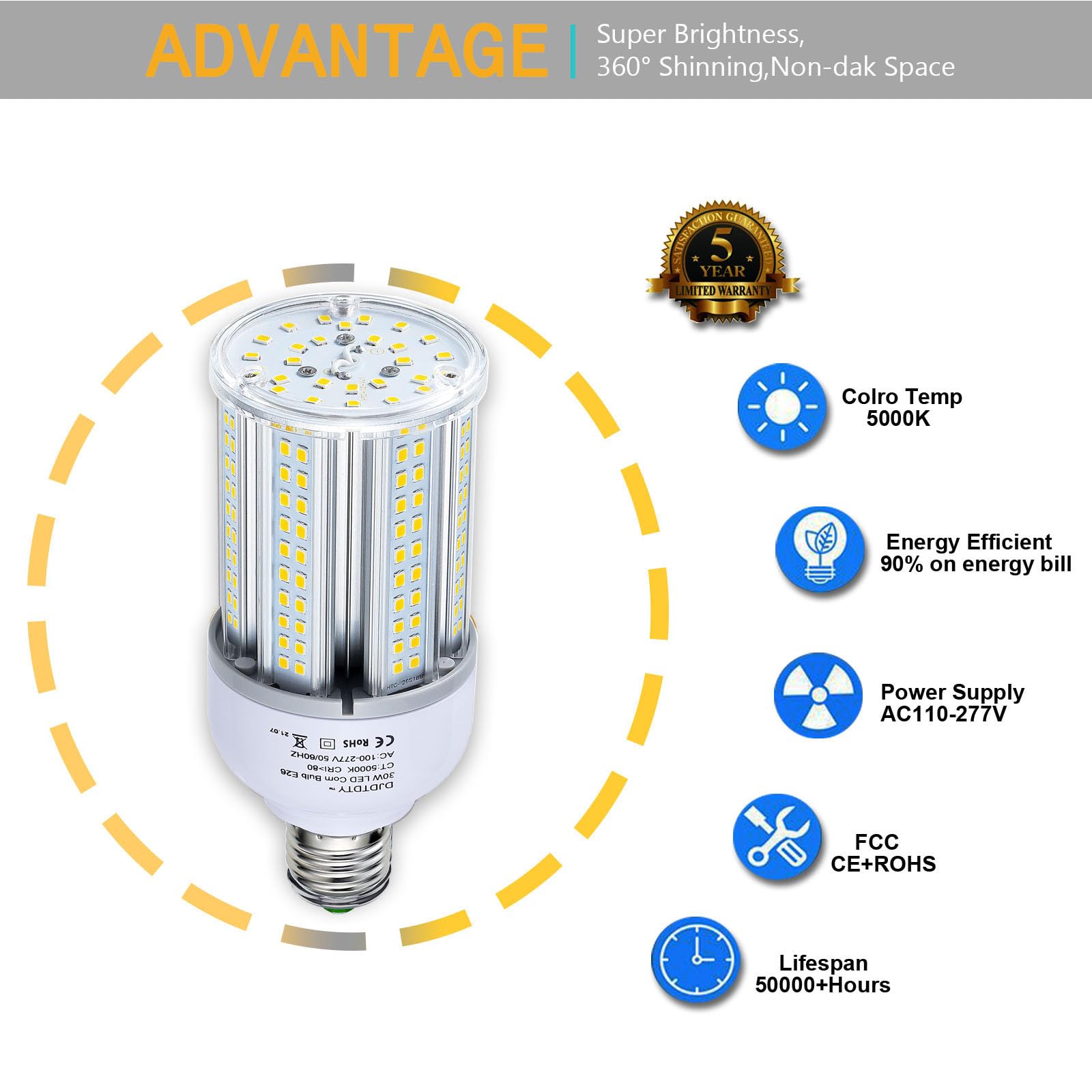 Jurdxled 400W Equivalent Led Corn Light Bulb 5000 Lumen 5000K 30W Large Area Cool Daylight White E26/E27 Medium Base For Outdoor