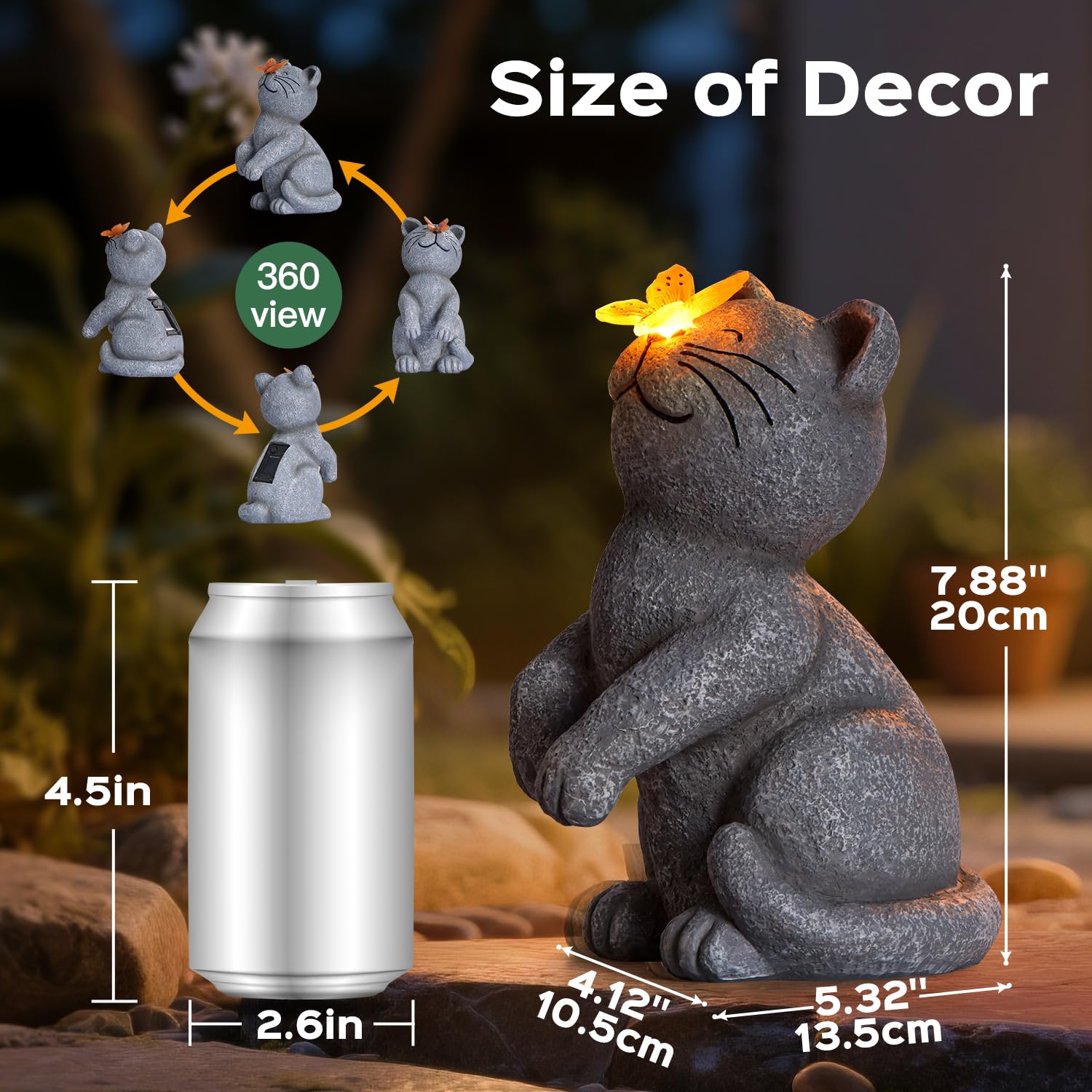 DyBaxa Solar Garden Décor Cat Statue - Dark Gray Resin Butterfly Light for Outdoor Patio, Balcony, Yard, Gifts for Women, Mom, Grandma