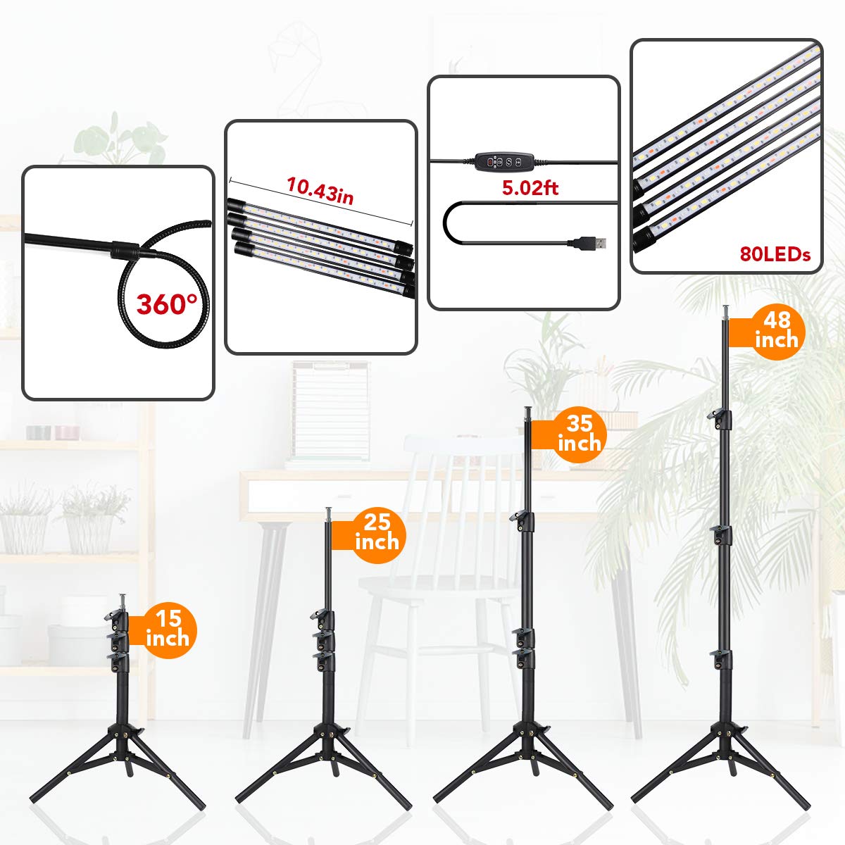 Grow Light With Stand, 200W 6000K Full Spectrum Gooseneck Floor Plant Light For Indoor Plants Growing,5 Dimmable Levels & Auto On/Off Timer, Tripod Stand Adjustable 15-48 In