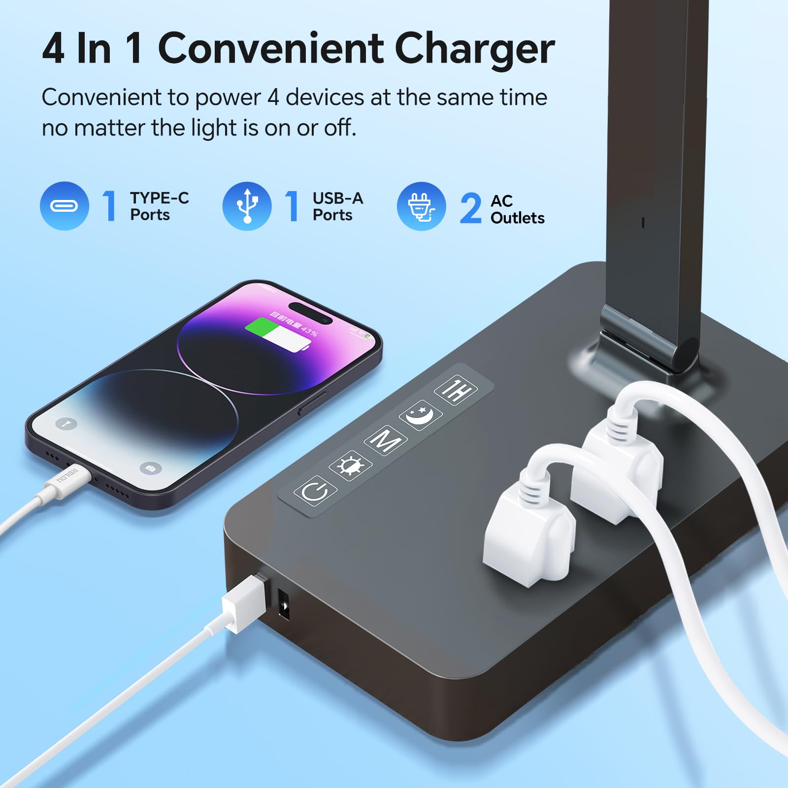 Laopao Desk Lamp With Usb Charging Port: Power Strip With Surge Protection - 1 Type-C, 1 Usb-A Charging Port, 2 Ac Power Outlets