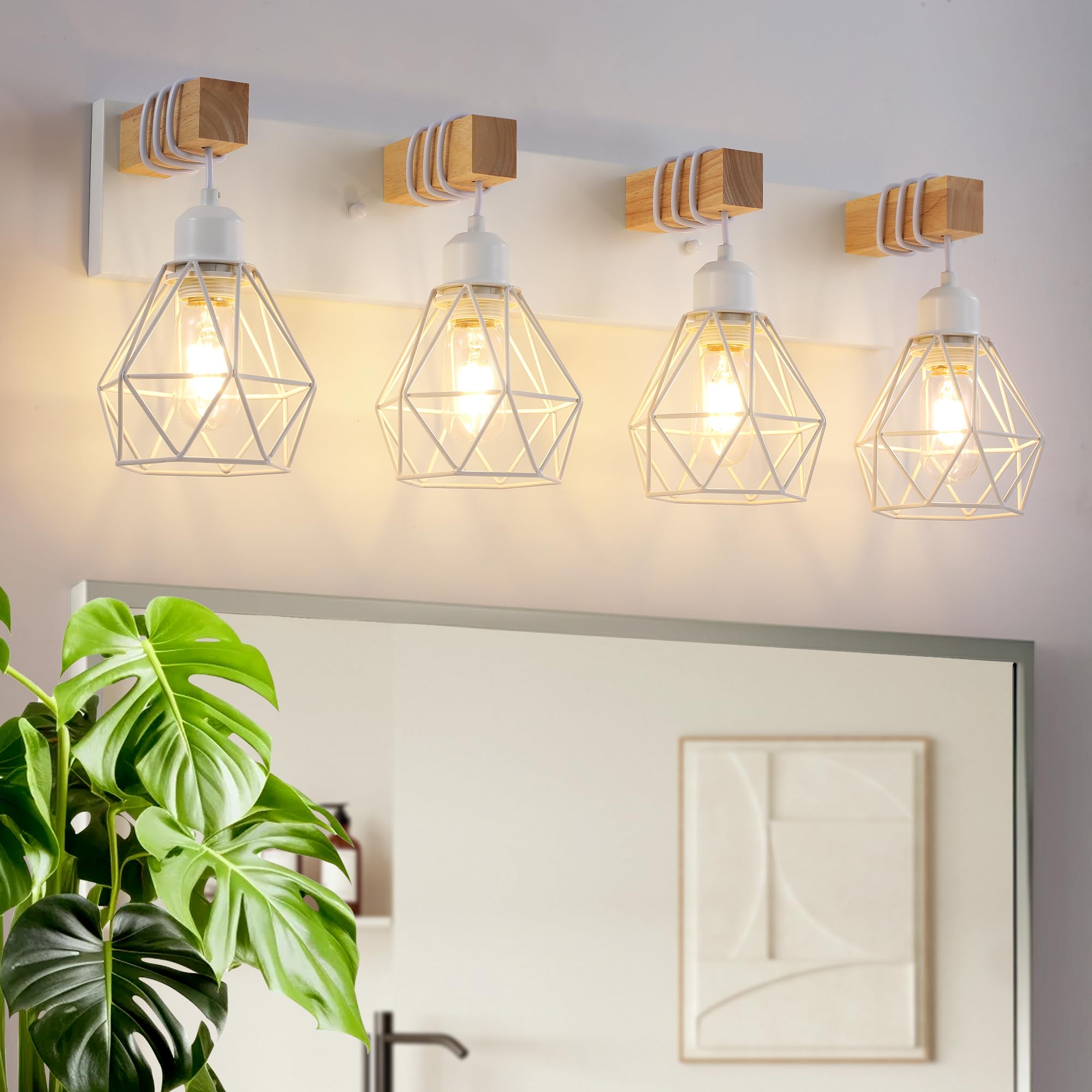 Farmhouse Vanity Light For Bathroom, 4-Light White Wood Bathroom Vanity Light Fixtures Over Mirror, Rustic Sconces Wall Lighting