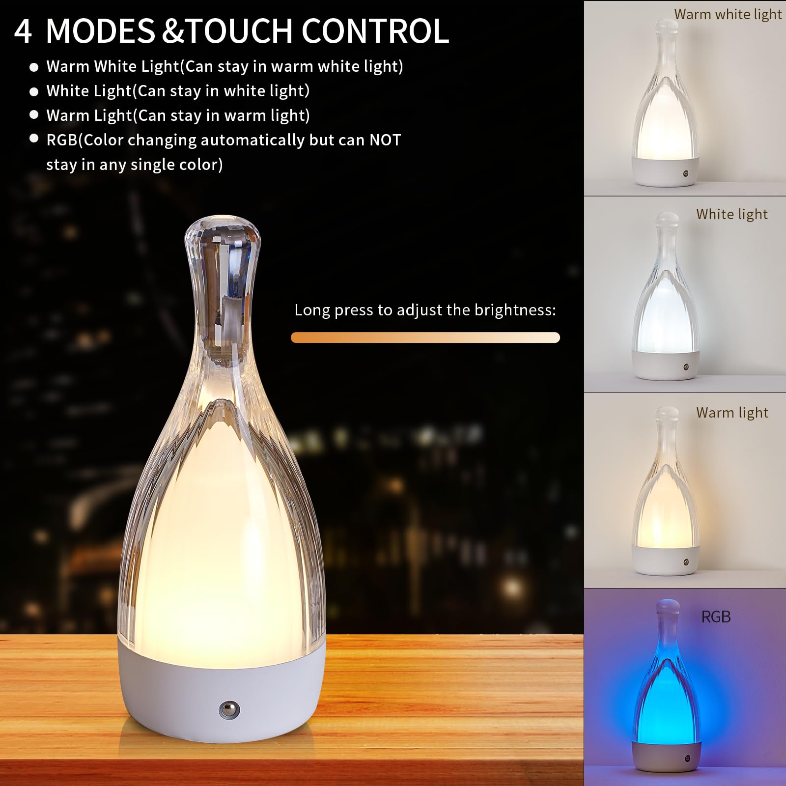 Table Lamp For Bedroom With Touch Control,Led Nightstand Lamp Fourth Gear-3000K 4000K 6000K And Seven Color Light,Cordless Batte