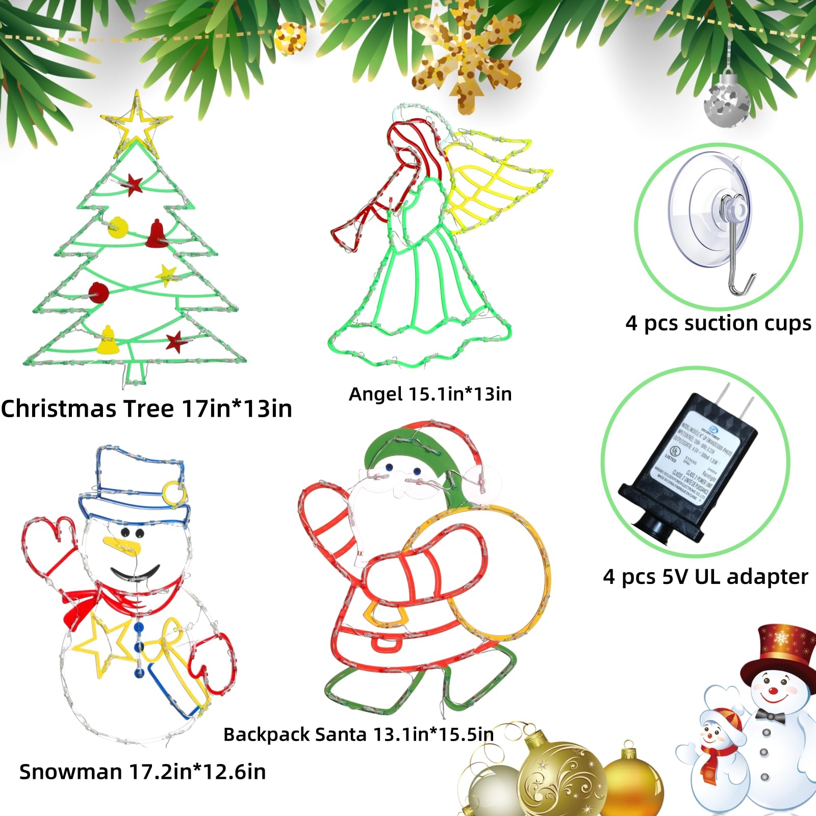 TRWYMZ 16" Christmas Window Silhouette Lights - 4 Pack Colourful Santa, Angel, Snowman & Tree Decor, Plastic, Model MINYIKJ-01
