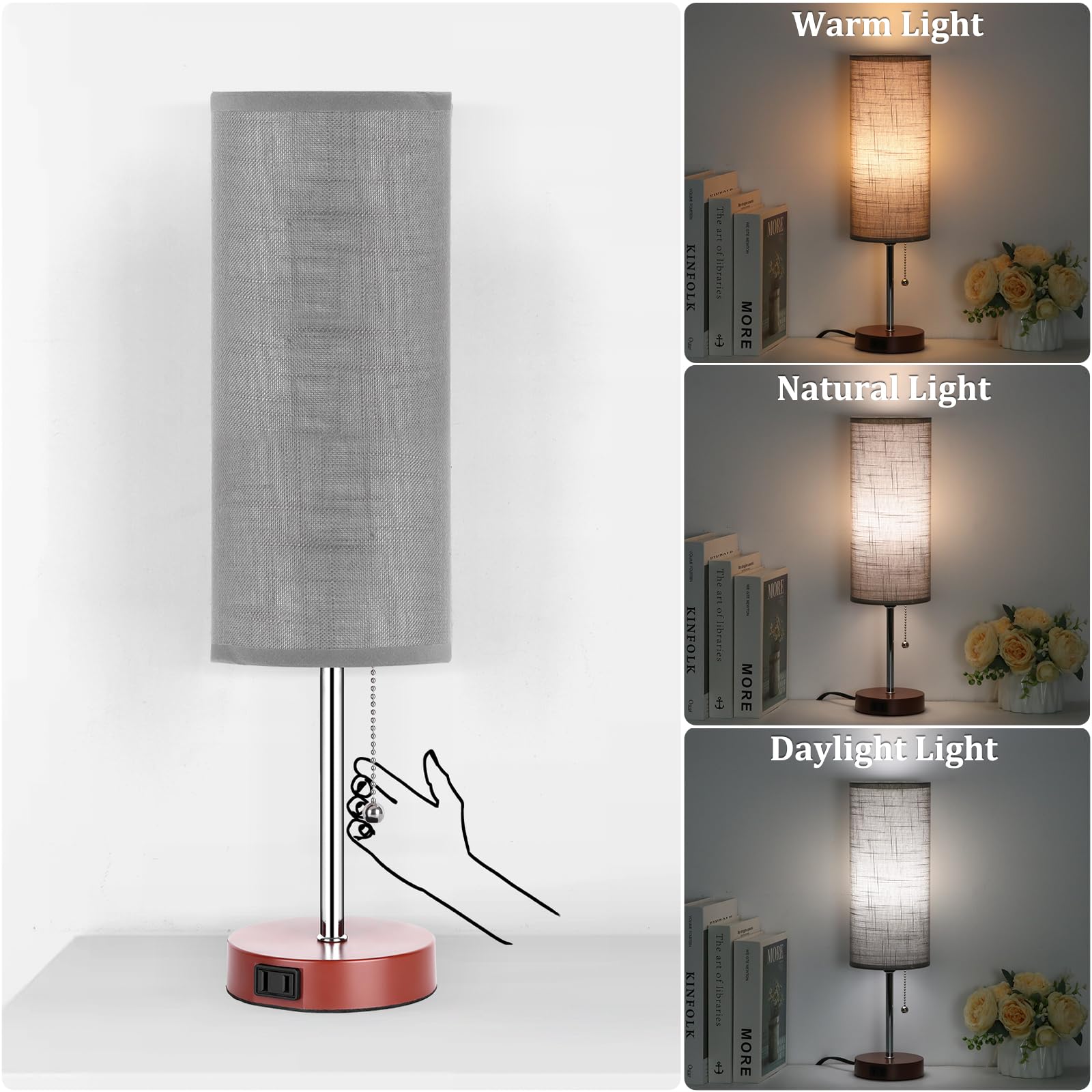 Dott Arts 18 Table Lamp for Bedroom, 3-Color Bedside Lamps with Pull Chain, Bedroom Table Lamps for Nightstand,AC Outlet Small L