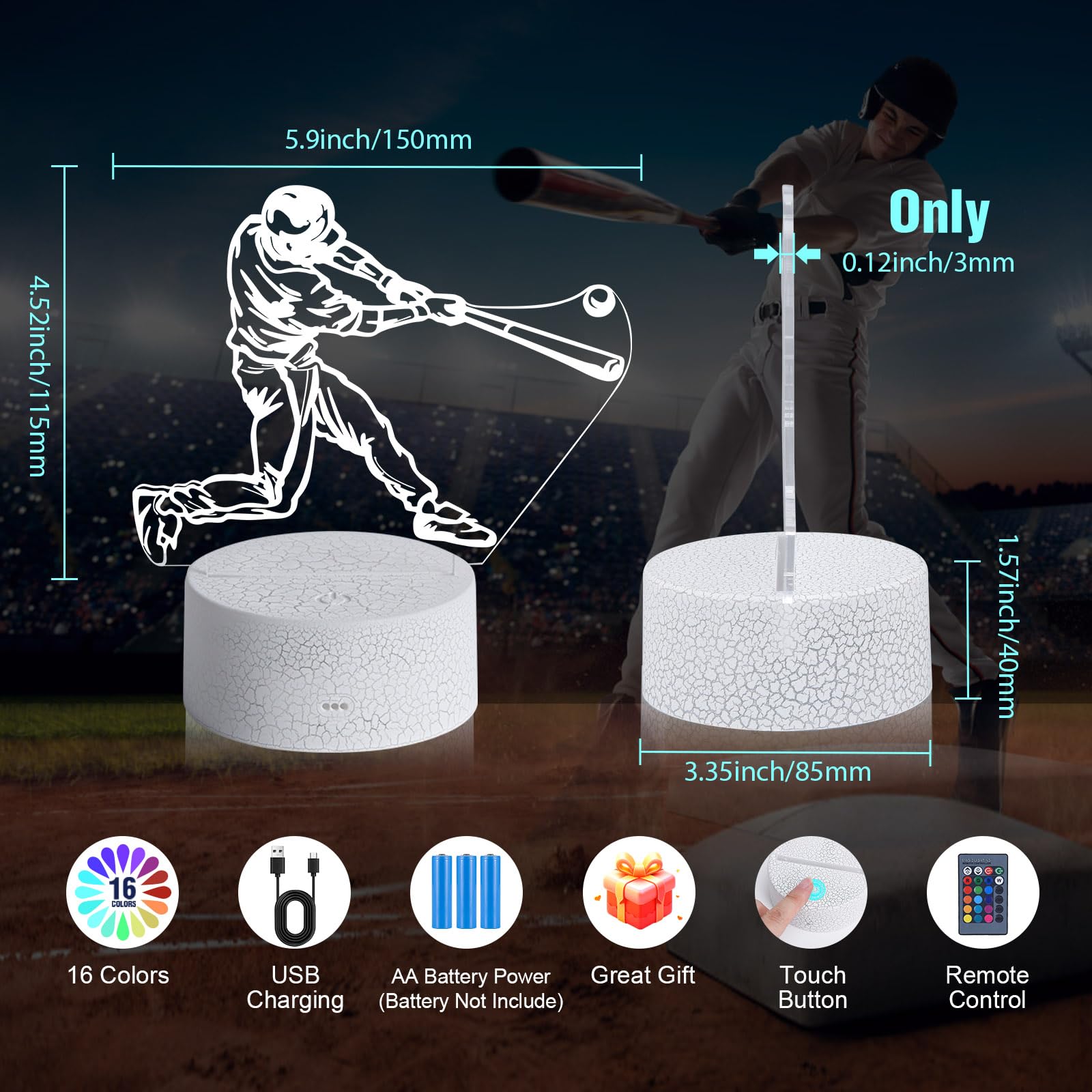 Caloogn Baseball Man 3D Night Light For Kids For Teens Boys Girls Birthday Christmas Gift,With Smart Touch And Remote Control,Mu