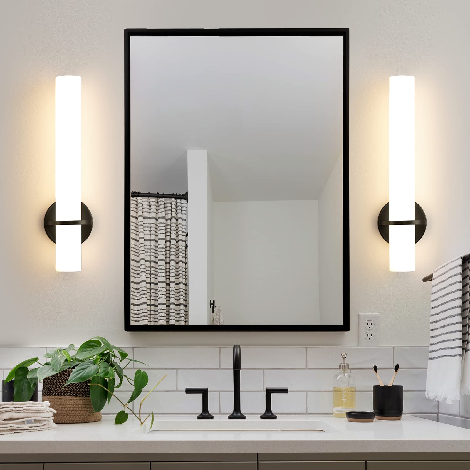 AIJIASI Black LED Dimmable Wall Sconces, 18W Acrylic Shade, Set of 2, Modern Indoor Lighting for Bathroom, Bedroom, Living Room, Hallway