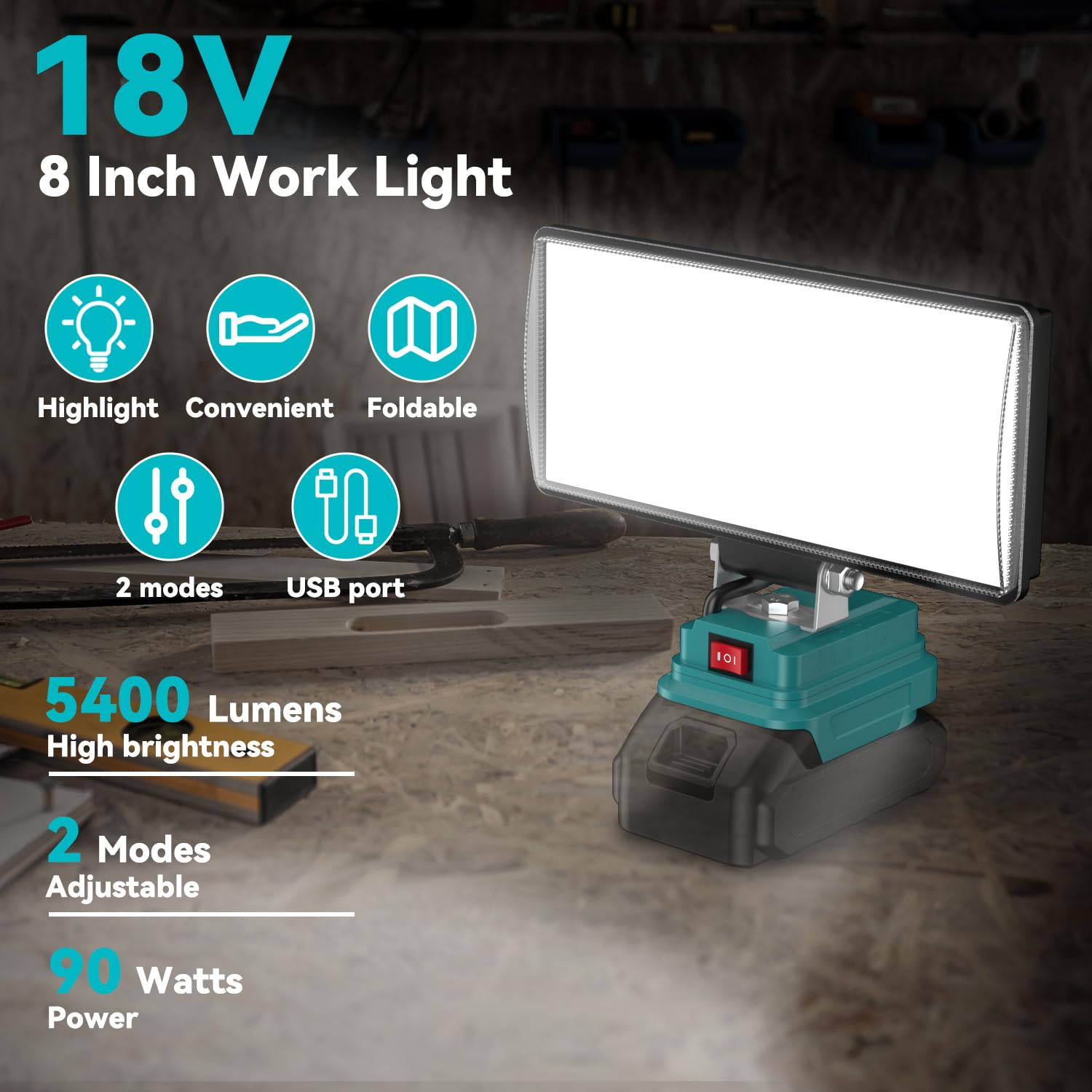 8'' Cordless Led Work Light For Makita 18V Battery, Two Levels Adjustable Led Flood Light Up To 90W 5400 Lumens With Usb Chargin