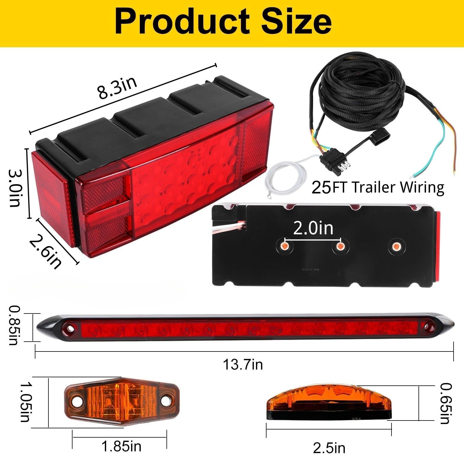EXERAUO Boat LED Trailer Lights Kit, Submersible, 8· Red, Model HDD-T07, Includes Stop Brake Backup Reverse Lights and Wiring Harness
