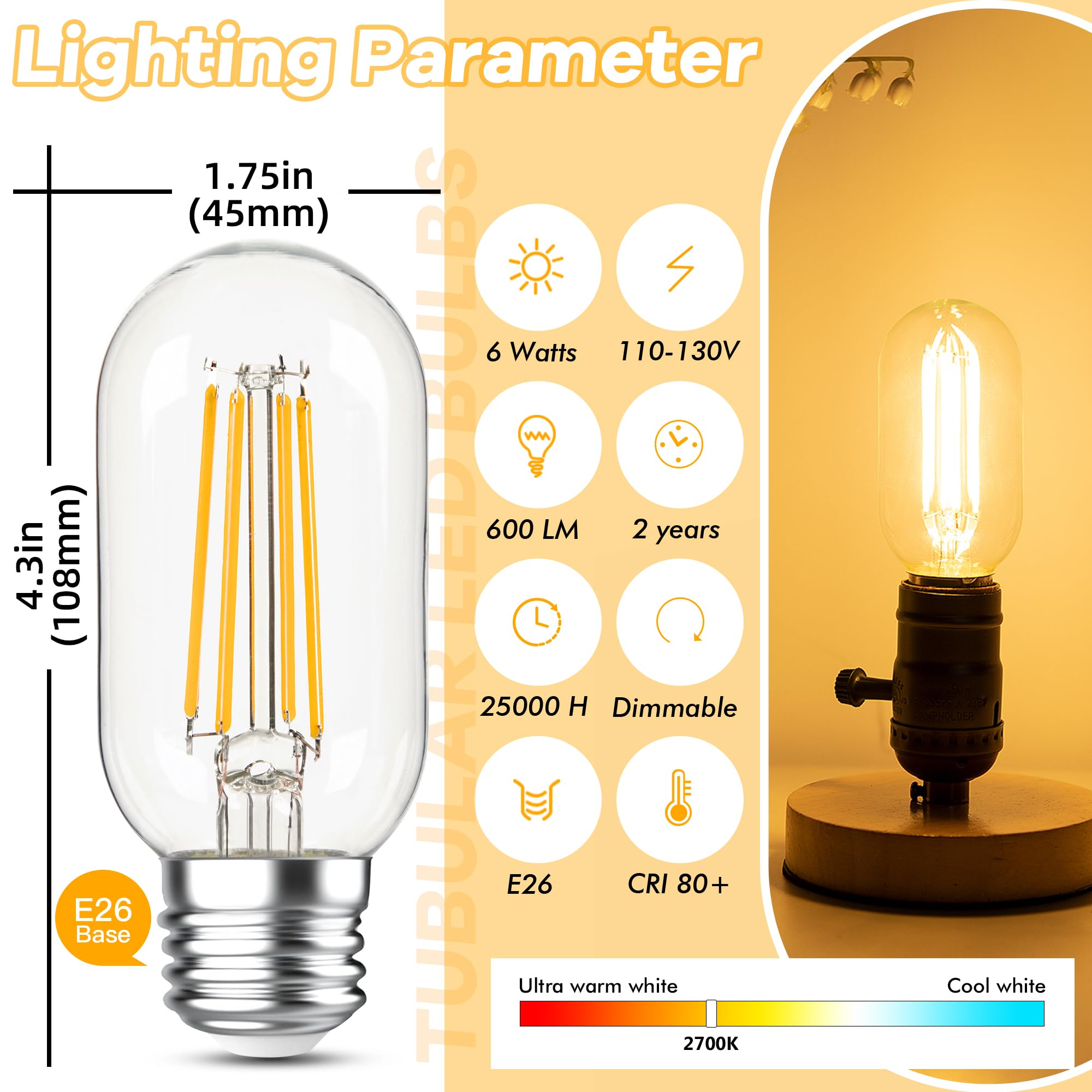 Grensk Dimmable E26 Led Edsion Bulbs 60Watt, 4.3 Inches T45/T14 6W Tubular Light Bulbs, 900Lumen Vintage Light Bulbs,2700K Warm White For Ceiling Fan,Chandeliers,Rustic Pendant,Wall Scones(2Pcs)