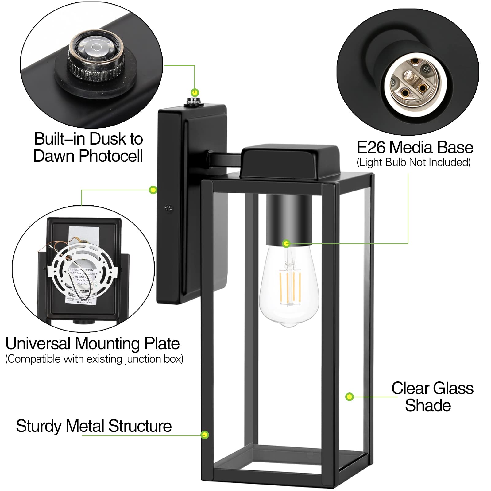 Hykolity Large Outdoor Wall Light, 16 Inch Waterproof Lantern, Dusk to Dawn, Anti-Rust, Matte Black, Model WLA-0405