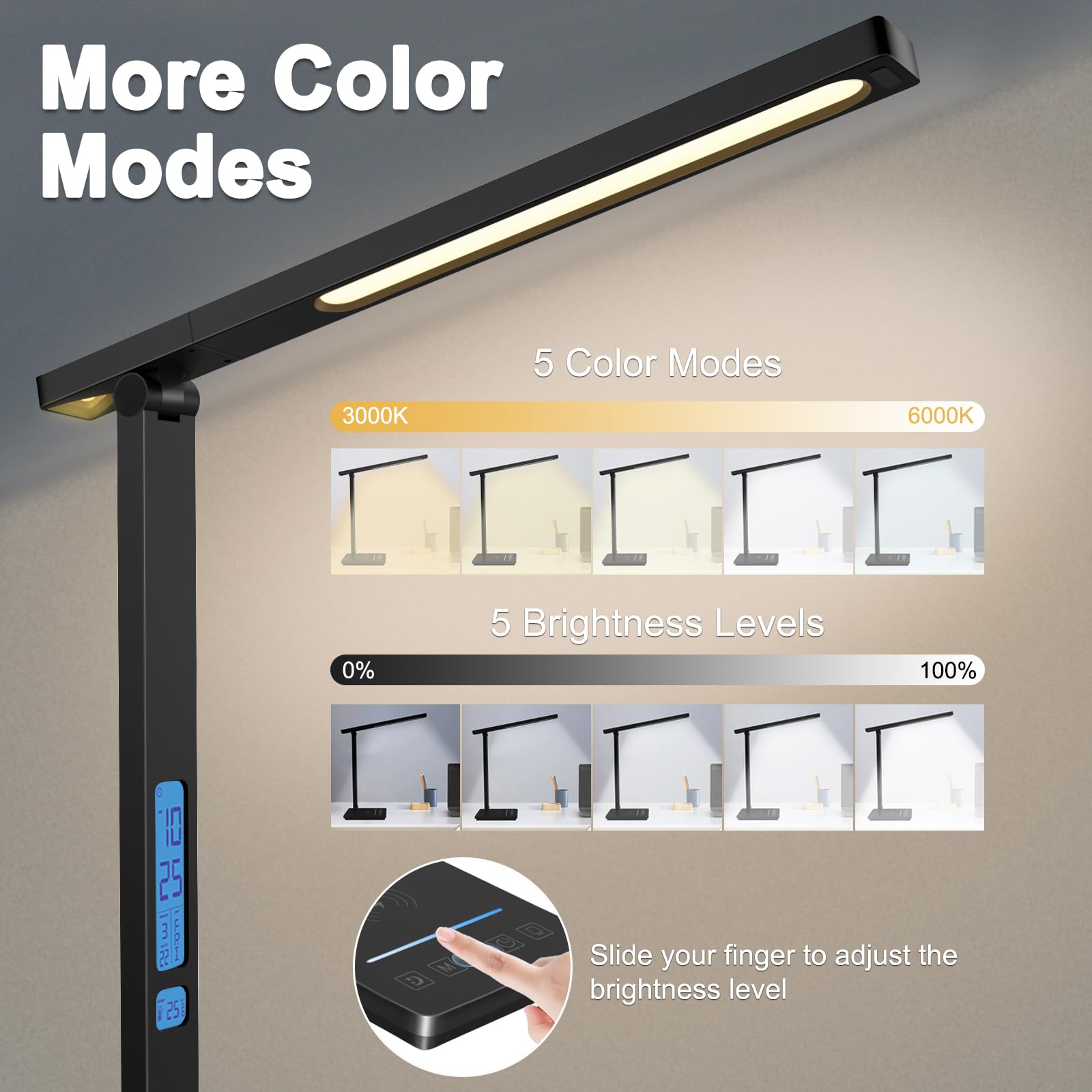 Oviouit 10-in-1 Smart Desk Lamp, Black LED Table Light with 10W Wireless Charger, Dimmable Touch Control, Ideal for Office & Dorm Room