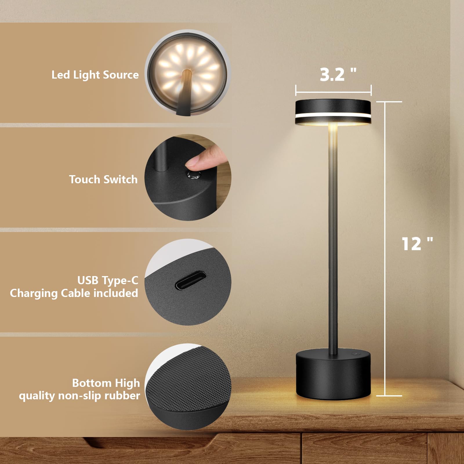 2 Pack Cordless Table Lamp,Bedside Table Lamp For Bedroom,5000Mah Battery Operated Portable Led Desk Lamp,3 Way Dimmable Touch L
