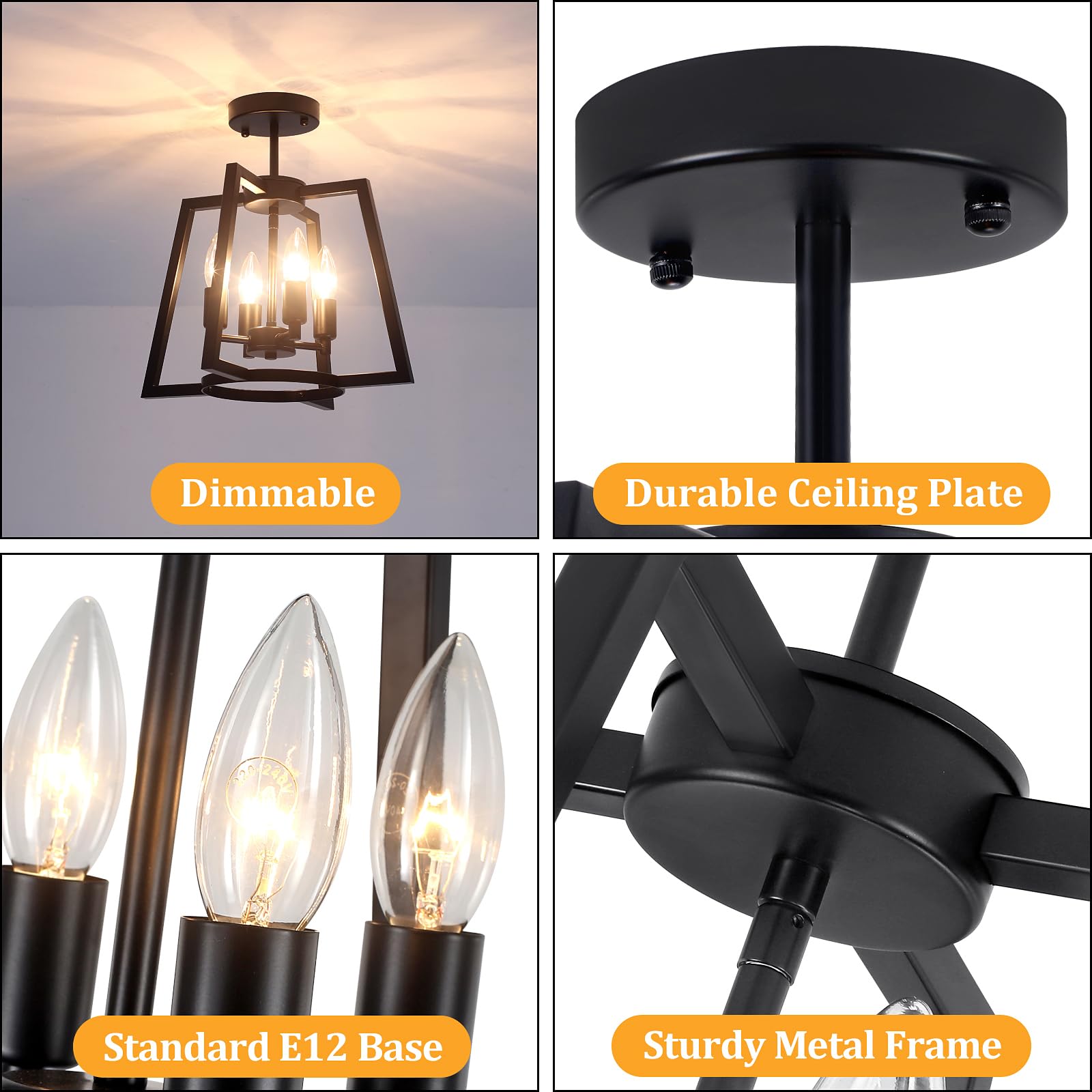 Toulmj 4-Light Ceiling Light Fixture, Farmhouse Black Semi-Flush Mount Ceiling Light For Kitchen Island, Laundry Room, Bedroom,