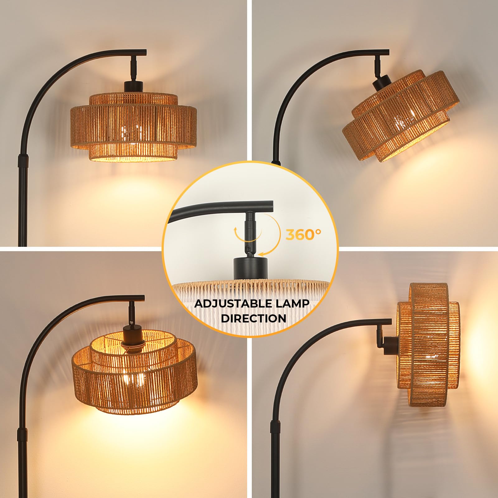 CASENKE Boho Rattan Floor Lamp: 70 Arc Tall Lamps with Remote and APP Control - Standing Black Floor Lampara with Dimmable LED B