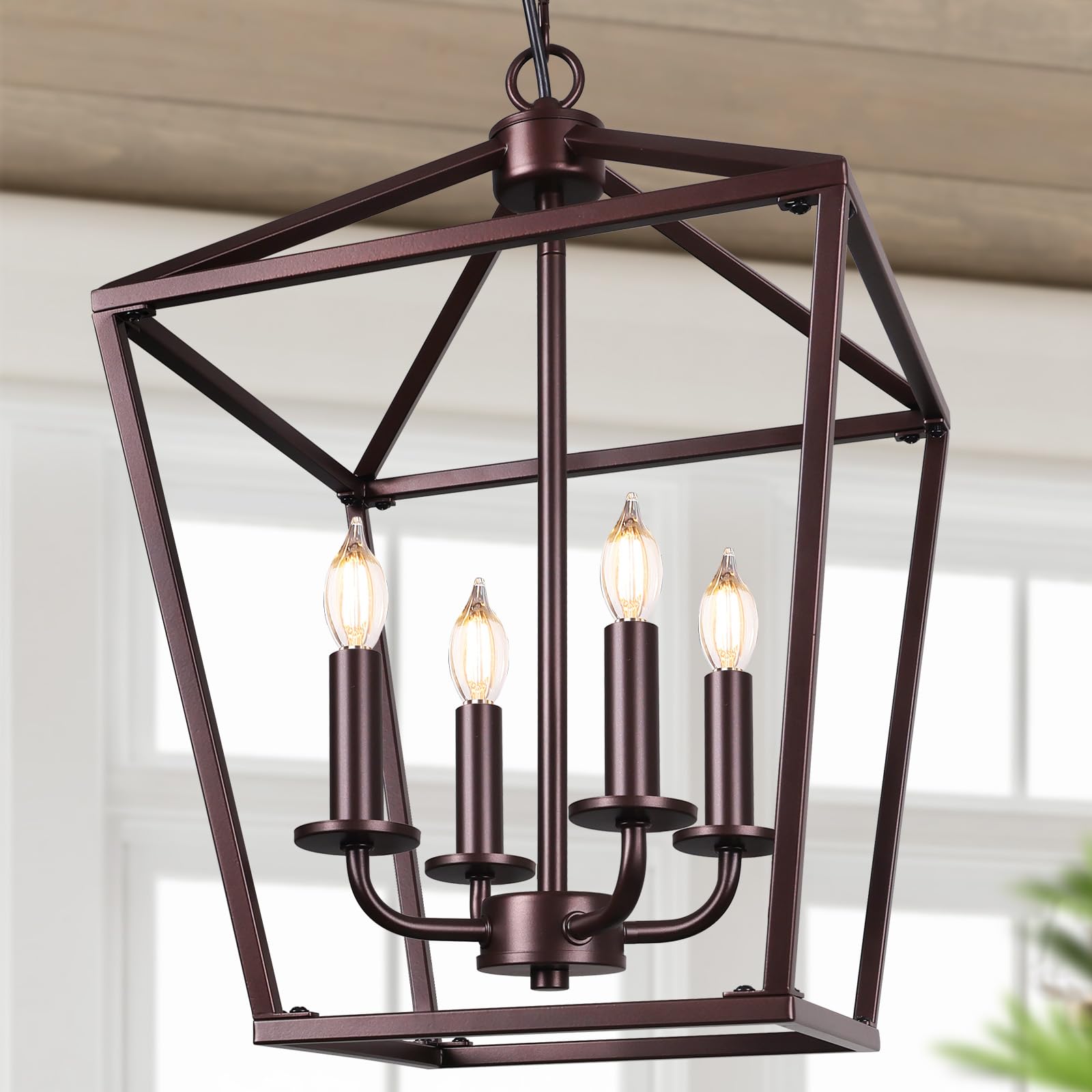 Farmhouse Chandelier 4-Light  Oil-Rubbed Bronze Pendant Light Fixture For Kitchen Island Dining Room  Lantern Industrial Lighting Ceiling Hanging With Metal Cage Adjustable Height For Entryway Foyer