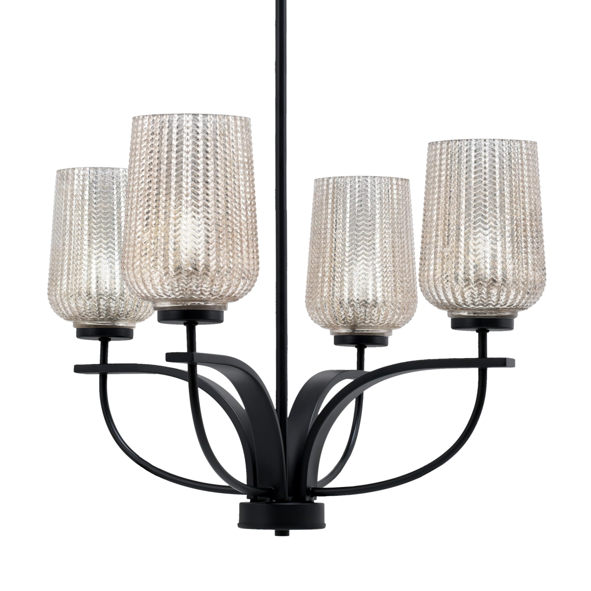 Toltec Lighting Cavella 4 Light Chandelier Shown In Matte Black Finish With 5" Silver Textured Glass