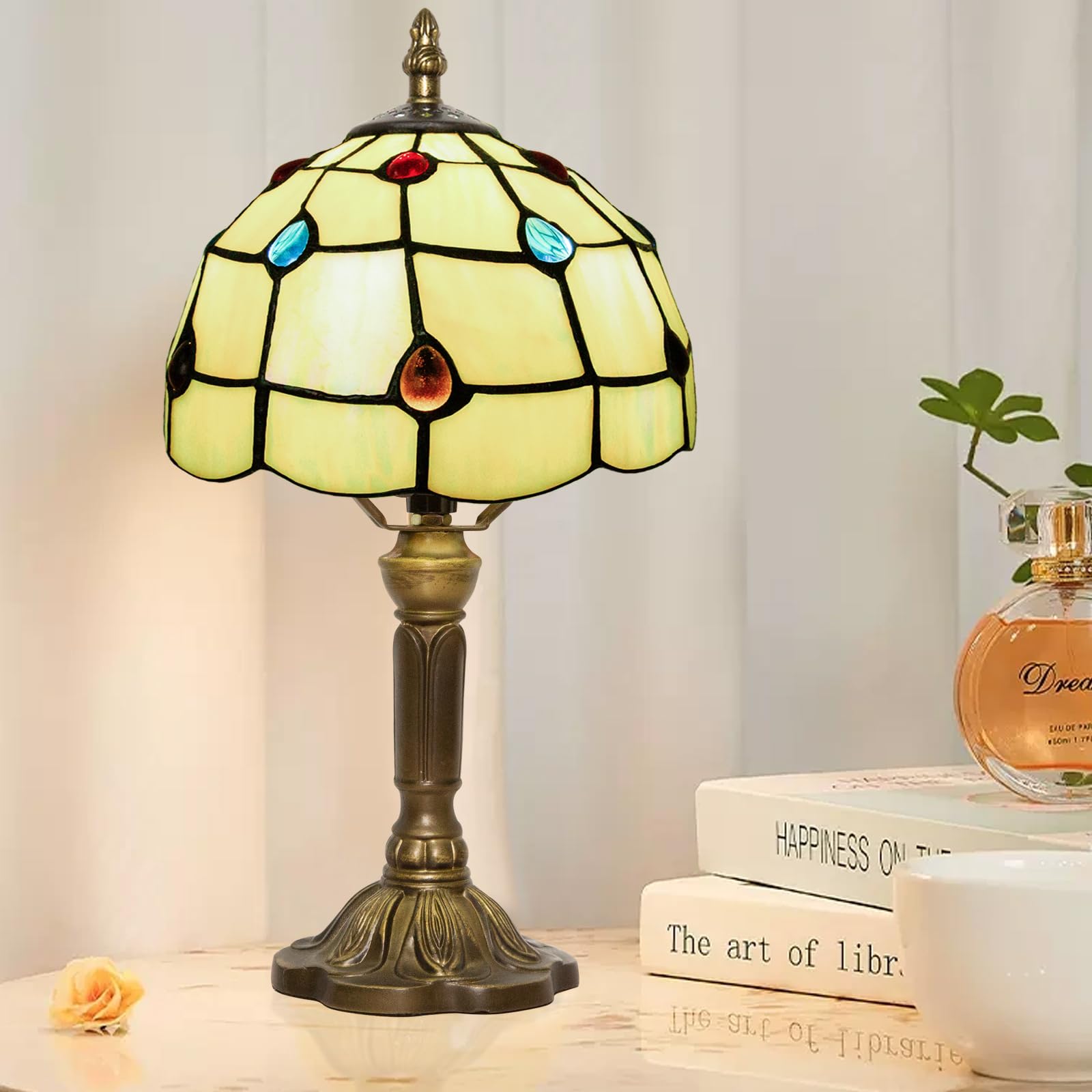 Ppbmocw Stained Glass Lamp,8X14 inches Small Tiffany Lamp for Bedside,Antique Office,Living Room (C Pteris)