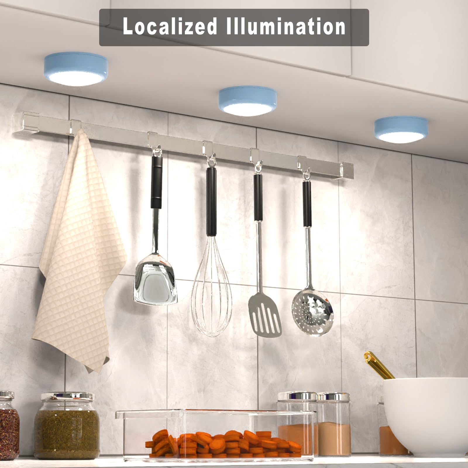 HELPLEX LED Puck Lights, 6 Pack RGBW Color Changing, Dimmable, Battery Powered, 3 inches, Blue, Model HELPLEX