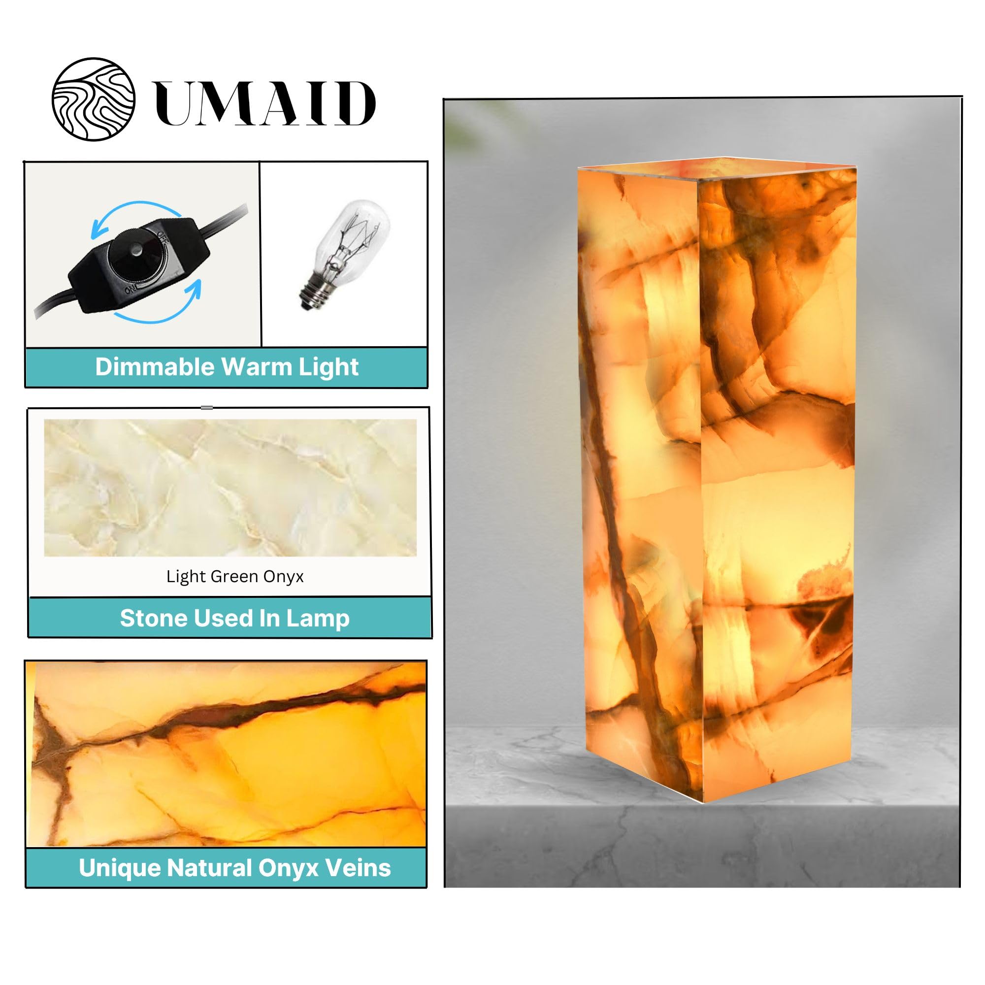 Umaid Elegant Handcrafted Onyx Marble Table Lamp, Warm Amber Glow, Relaxing Table Lamp For Office, Bedroom, Living Room, And Bedside, Includes Bulb & Dimmable Cord, Unique Home Decor Gifts (Rectangle)