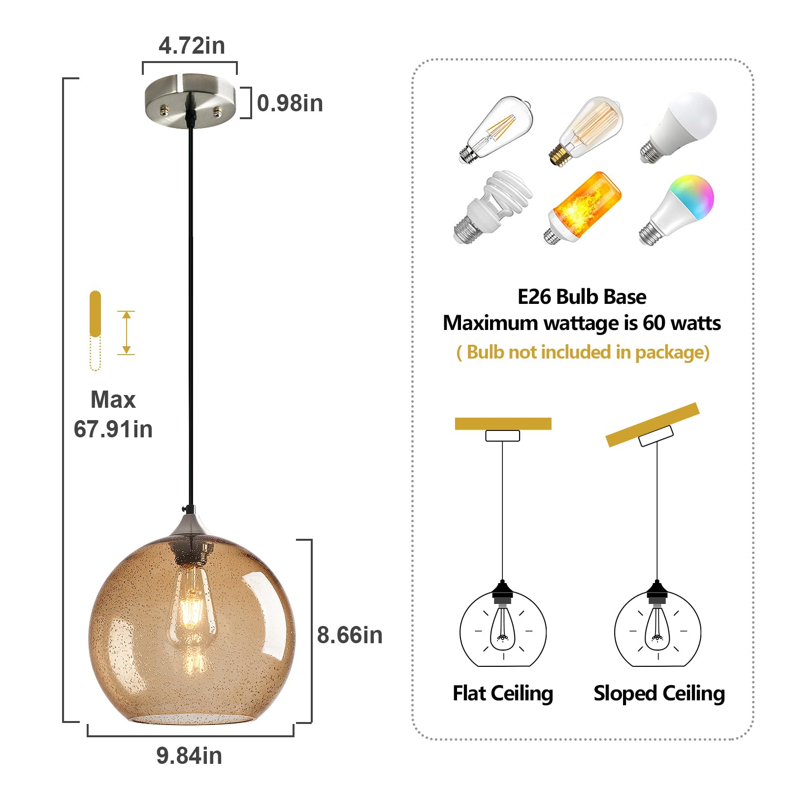 Lbsqj Light Brown Glass Pendant Lights Kitchen Island Globe Pendant Light Fixtures Modern Pendant Lighting For Bedroom Living Dining Room Light Fixture (9.84 In  2 Pack)