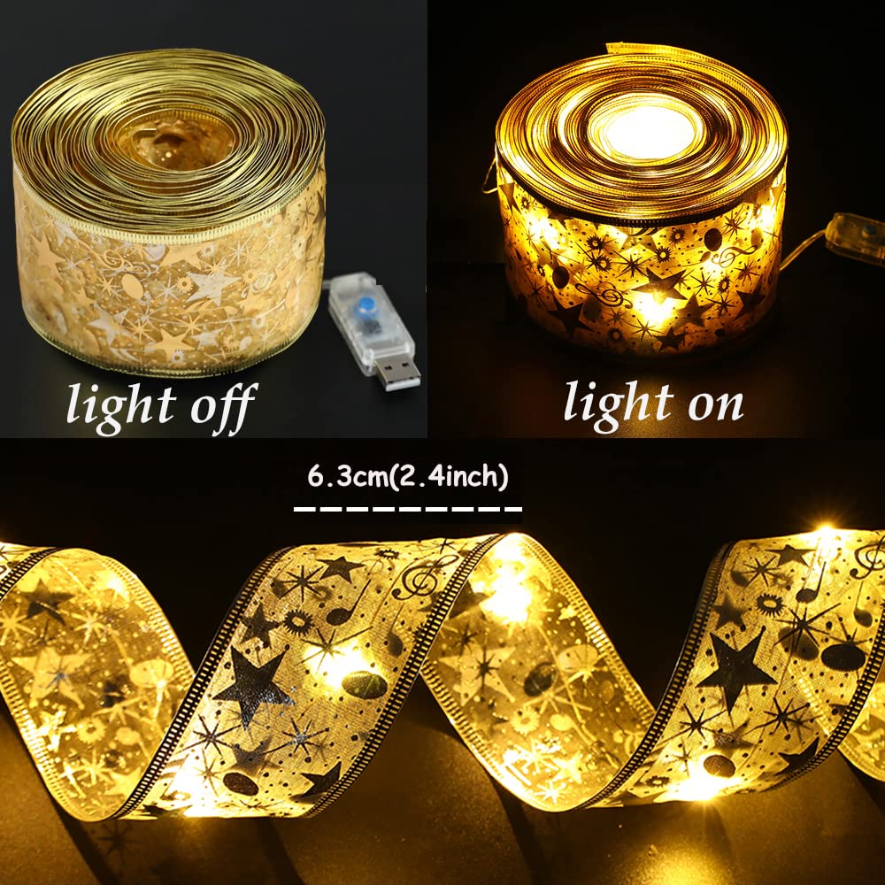Gihoo Christmas Tree Decorations String Lights 32Ft 100 Led Lights Copper Wire Ribbon Bows Lights For Party Weddings Holiday Christmas Tree Decorations (Width 6.3Cm Gold Warm Light)