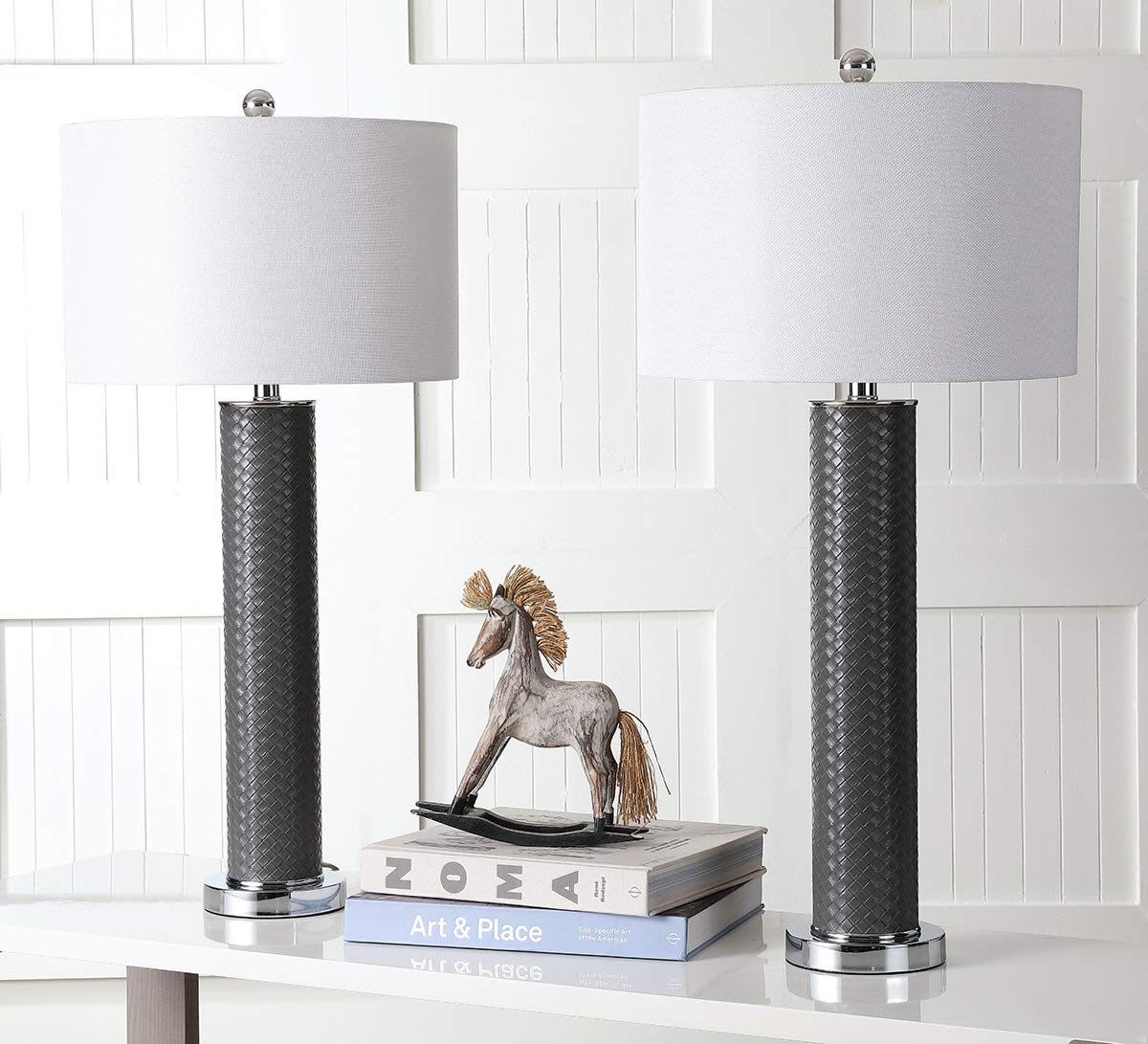 SAFAVIEH Desk Lamp Set of 2, Modern Grey Faux Woven Leather, 32-inch, LED Bulbs Included, Model LIT4404J-SET2