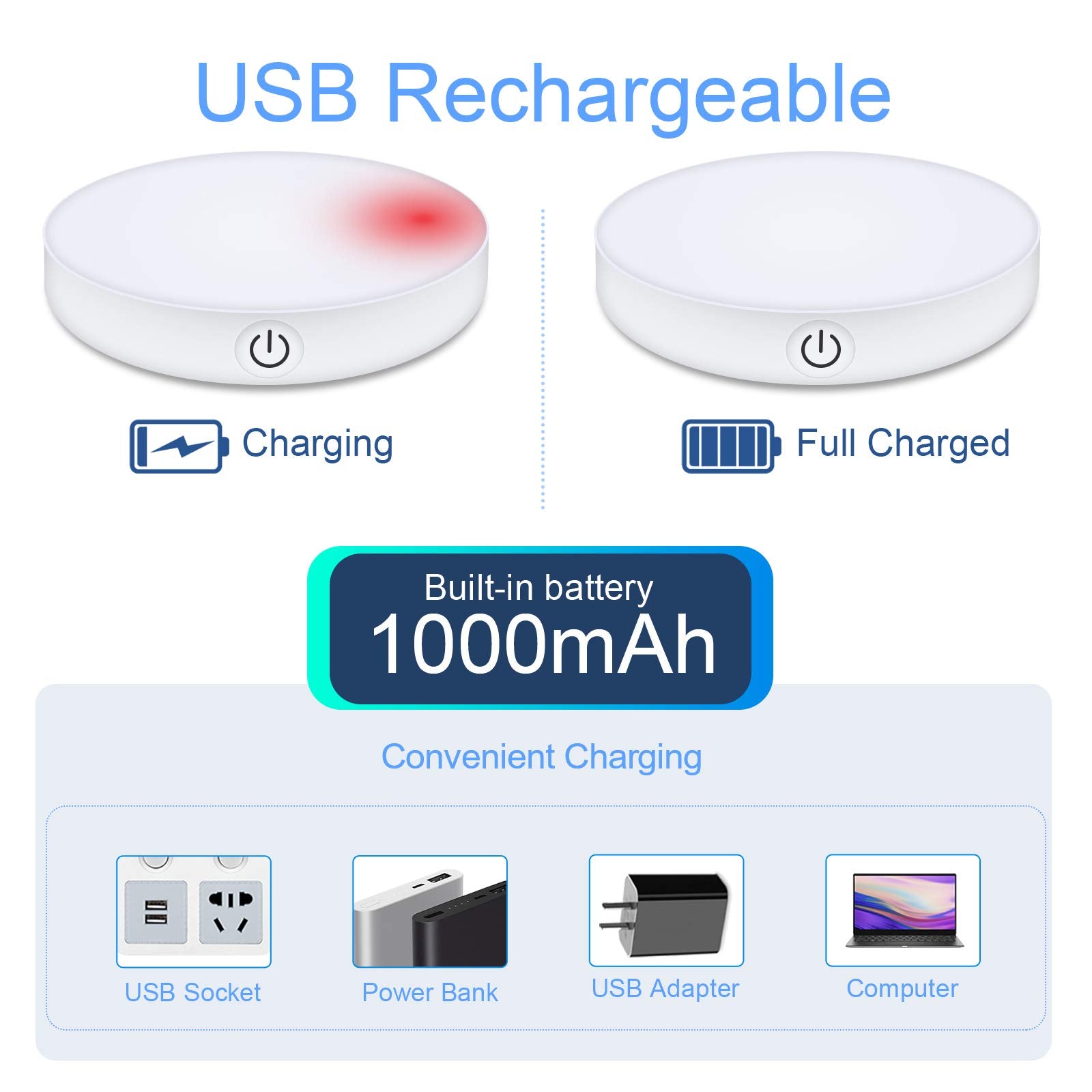 Ferswe Dimmable Touch Lights - 3000K Rechargeable, 1000mAh Battery, Stick-On Design for Closet, Cabinet, Shelf, Wall, Desk - White (2 Pack