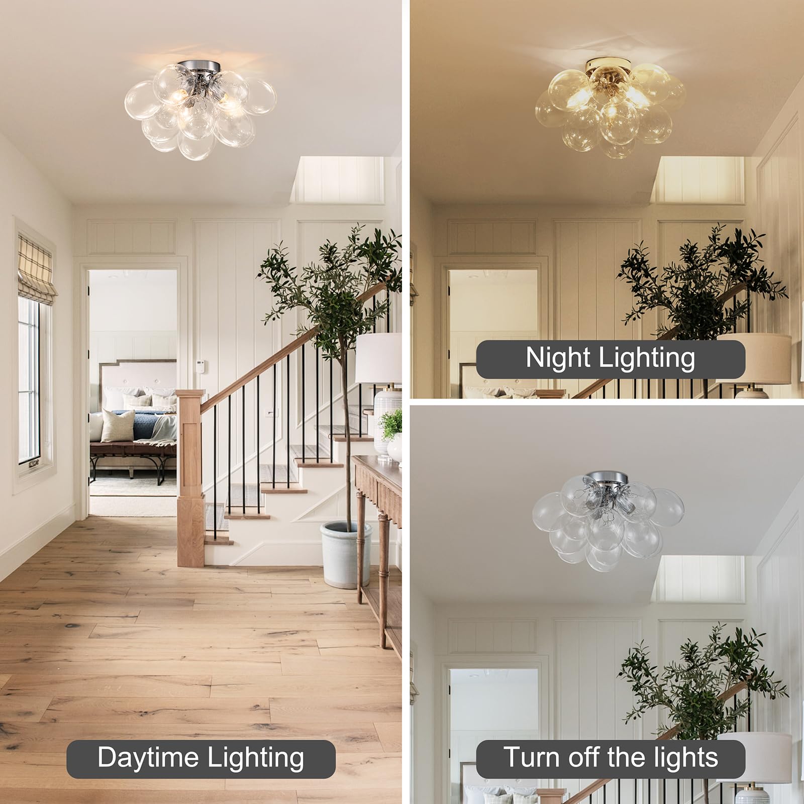 Goyeel Ceiling Light Chandelier Modern Kitchen Lights Ceiling Flush Mount Glass Bubble Chandelier Lighting 3 Light Entryway Light Fixture 17.72In 13 Globe For Bedroom Foyer Living Room