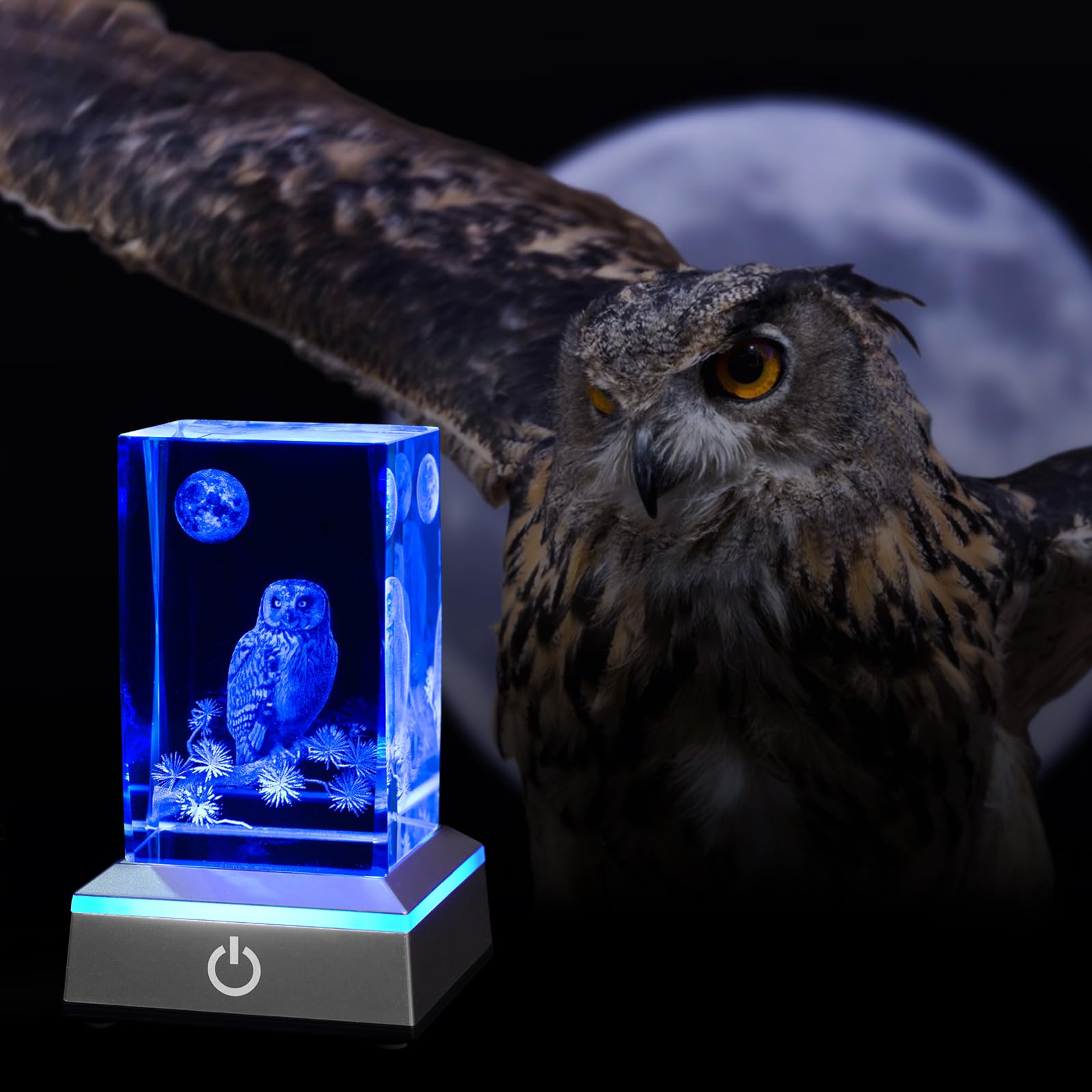 Eicxjui 3D Owl Crystal Night Light With Multicolor Led Base Glass Laser Engraved Owl Figurines Lamp Gifts For Boys Girls Lovers