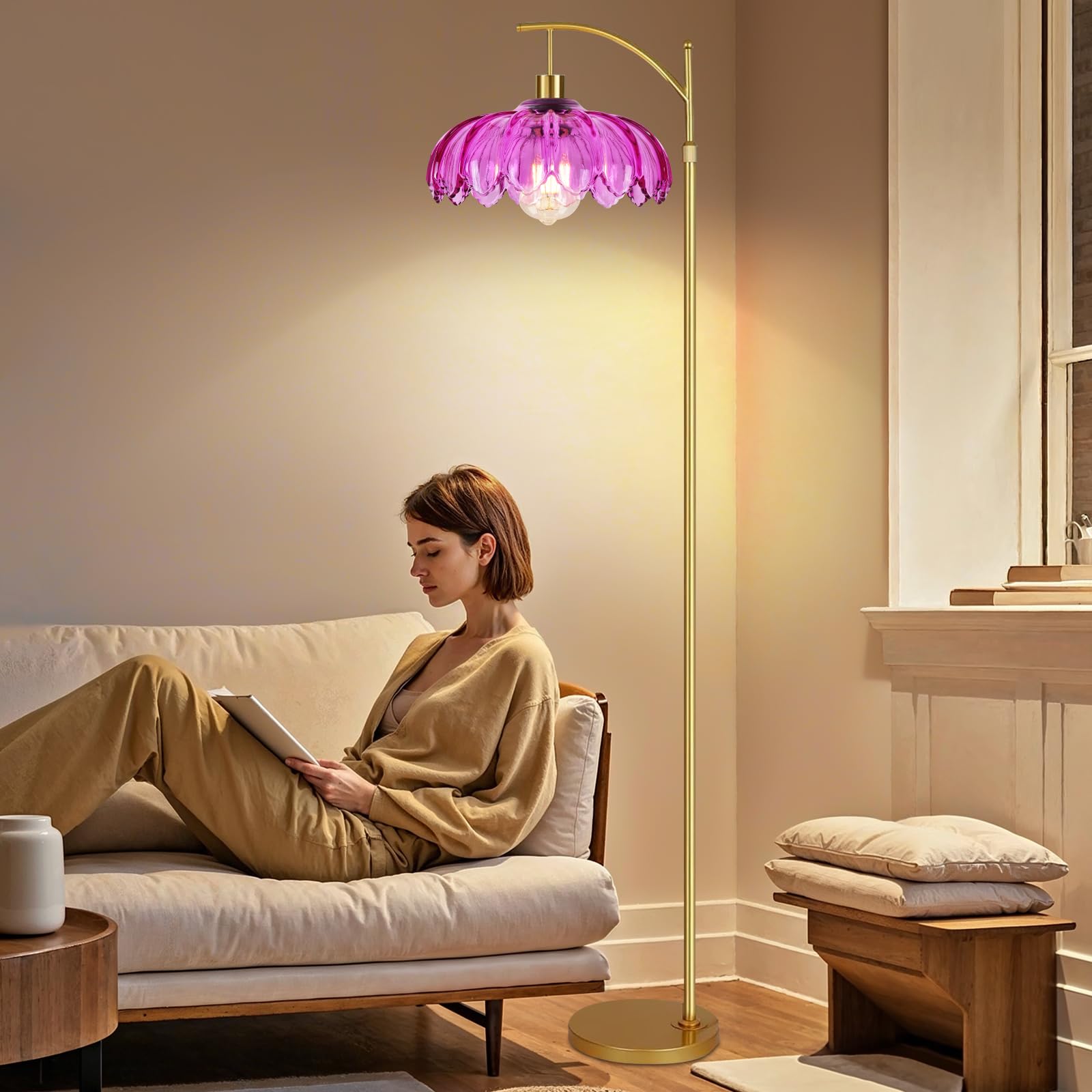 ZECOXOL Vintage Arc Floor Lamp with Remote Control, Glass Lampshade, 10.3 inch, Gold, Mid Century Modern, Model 001