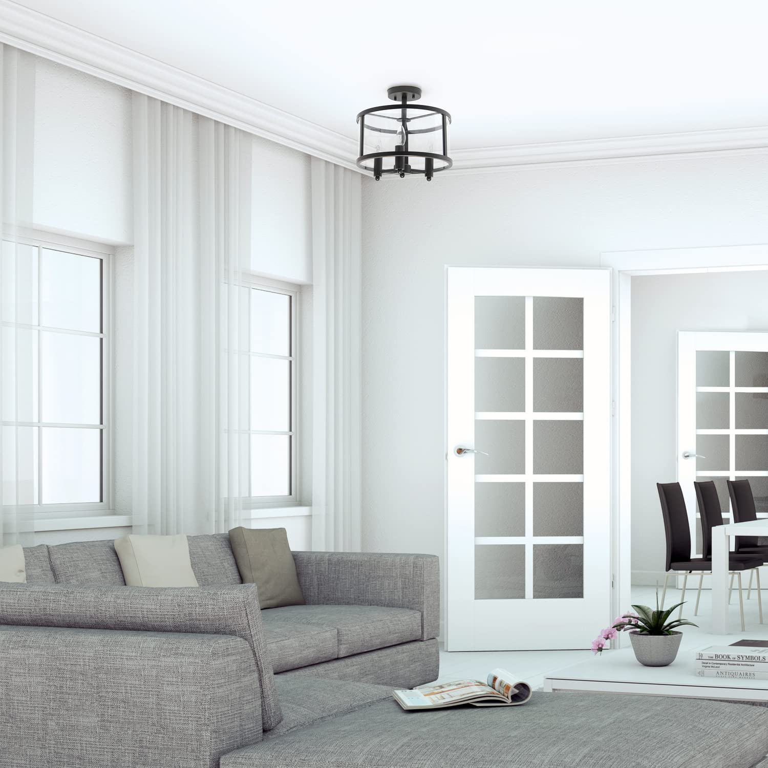 Elegant Designs FM1005-BLK Medium 13 Iron and Glass Shade Traditional Farmhouse Industrial 3-Light Ceiling Mounted Round Semi-fl