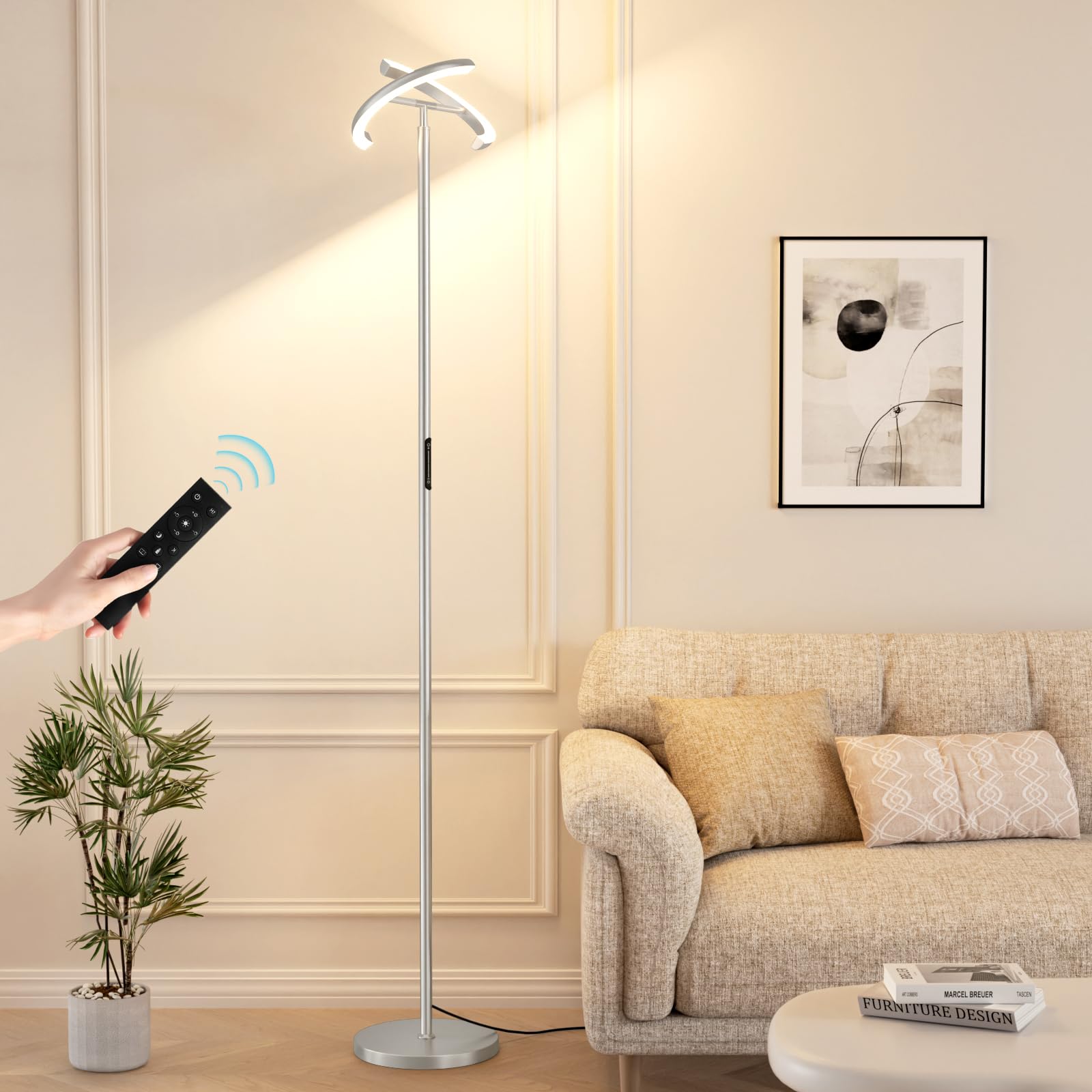 PreeOtti LED Floor Lamp - 73.6in Tall, 36W Stepless Dimmable, Remote & Touch Control, Silver Grey, Model LED2-2