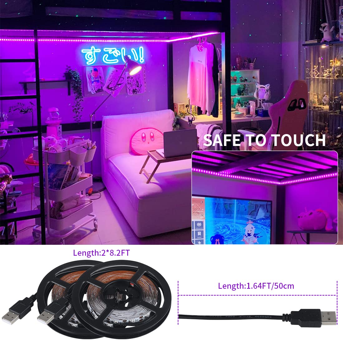 33Ft Usb Black Lights Led Strip, Battery Operated Black Light Tapestry Light, 300Leds Blacklight For Bedroom Glassroom, Halloween, Glow Neon Party, Birthday, Fluorescent Poster Painting Light,4 Pack